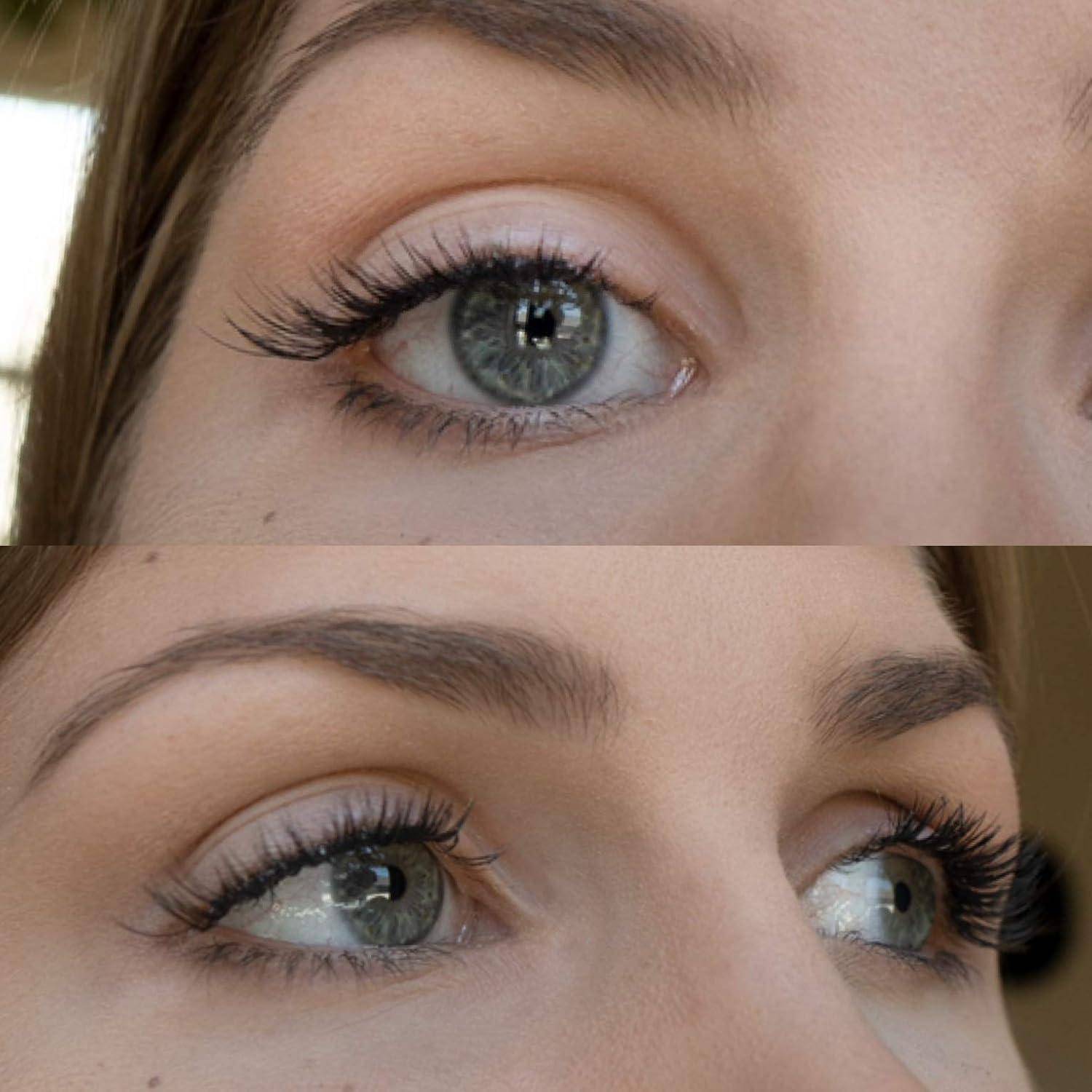 Nahaufnahme eines Vergleichs eines Frauenauges mit und ohne Make-up, wobei das untere Bild längere Wimpern und stärker definierte Augenbrauen zeigt.
