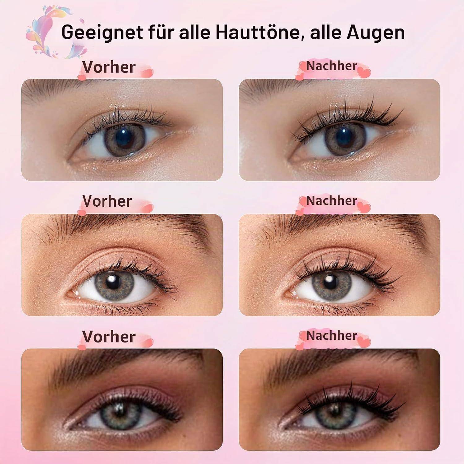 Vorher-und-Nachher-Collage mit drei Augenpaaren mit Mascara und Make-up, beschriftet mit „Vorher