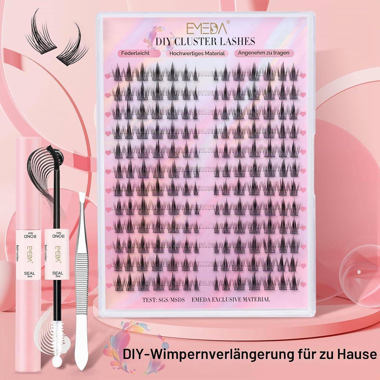Rosa Produktbild von DIY-Traubenwimpern mit Applikatorwerkzeugen und Klebstoff; beschriftet mit 