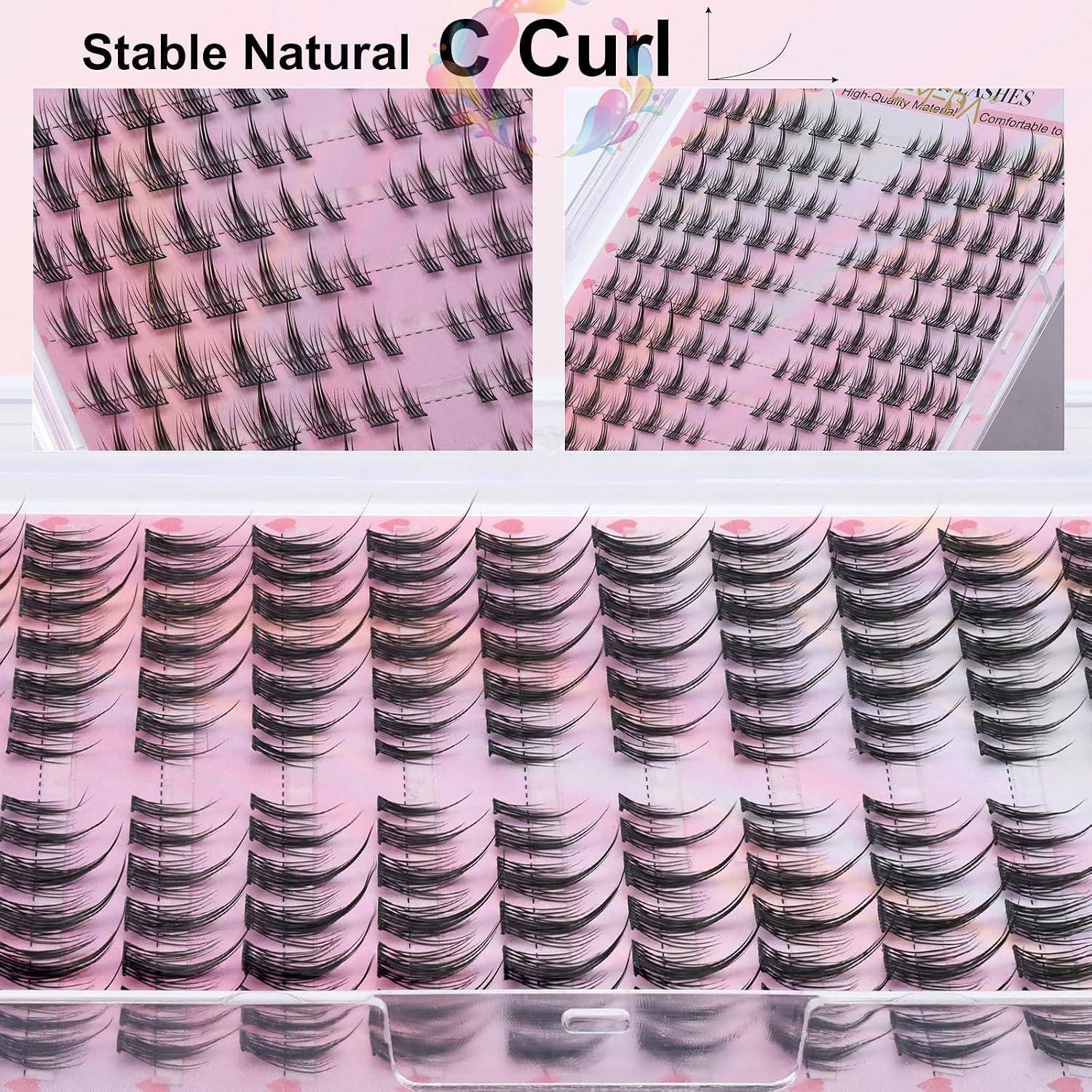 Collage von Behältern für künstliche Wimpern mit Text „Stabile natürliche C-Wölbung