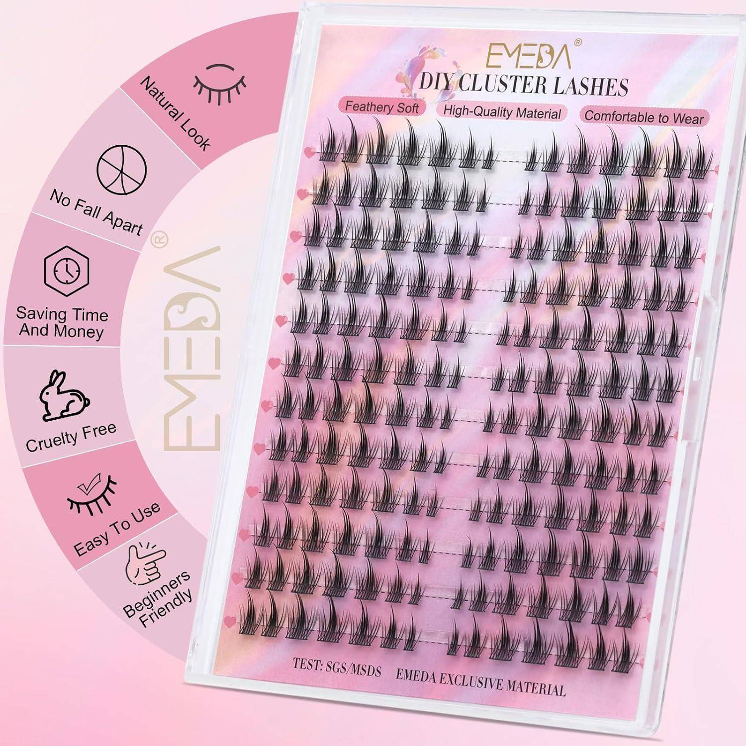 Pink EEMEA DIY Cluster-Wimpern-Paket mit Reihen von falschen Wimpern und Funktionssymbolen für natürliches Aussehen, kein Auseinanderfallen, Zeit- und Kostenersparnis, tierversuchsfrei, einfache Anwendung, anfängerfreundlich.
