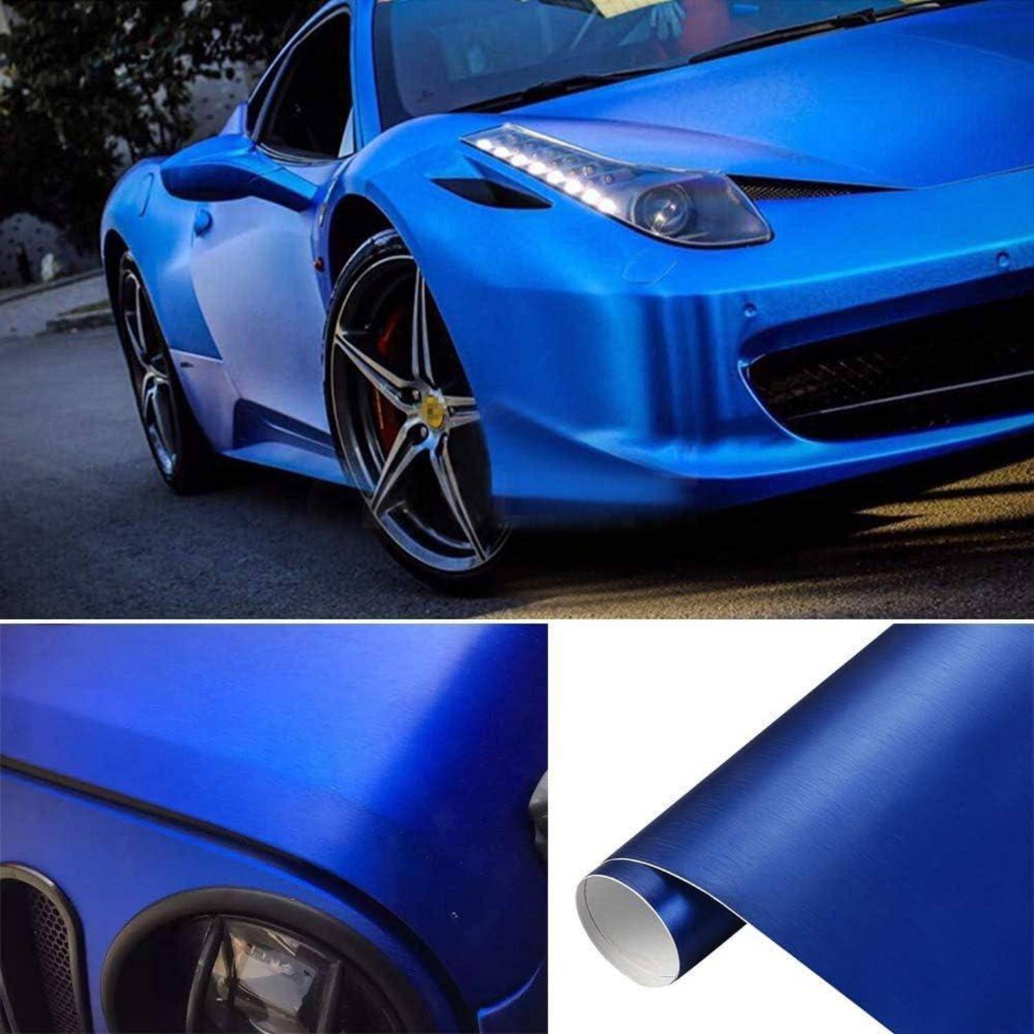 Blauer Sportwagen mit metallisch blauer Folie von vorne gezeigt, plus Nahaufnahmen der Folie auf der Karosserie und eine aufgerollte Rolle Vinyelmaterial.