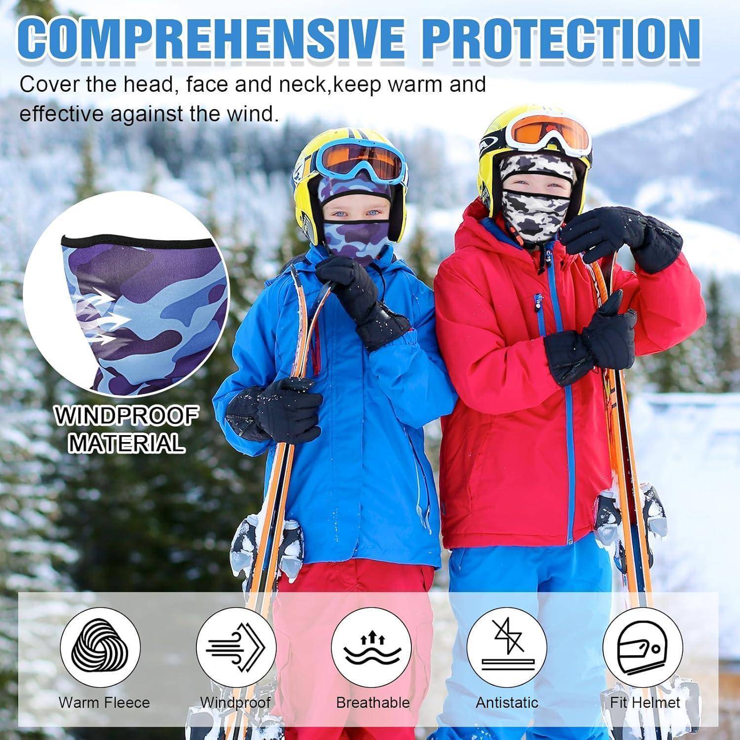 Anzeige für Skimaske im Wintersport mit zwei Skifahrern in Schutzbrillen und Helmen; Text hebt hervor „Umfassender Schutz