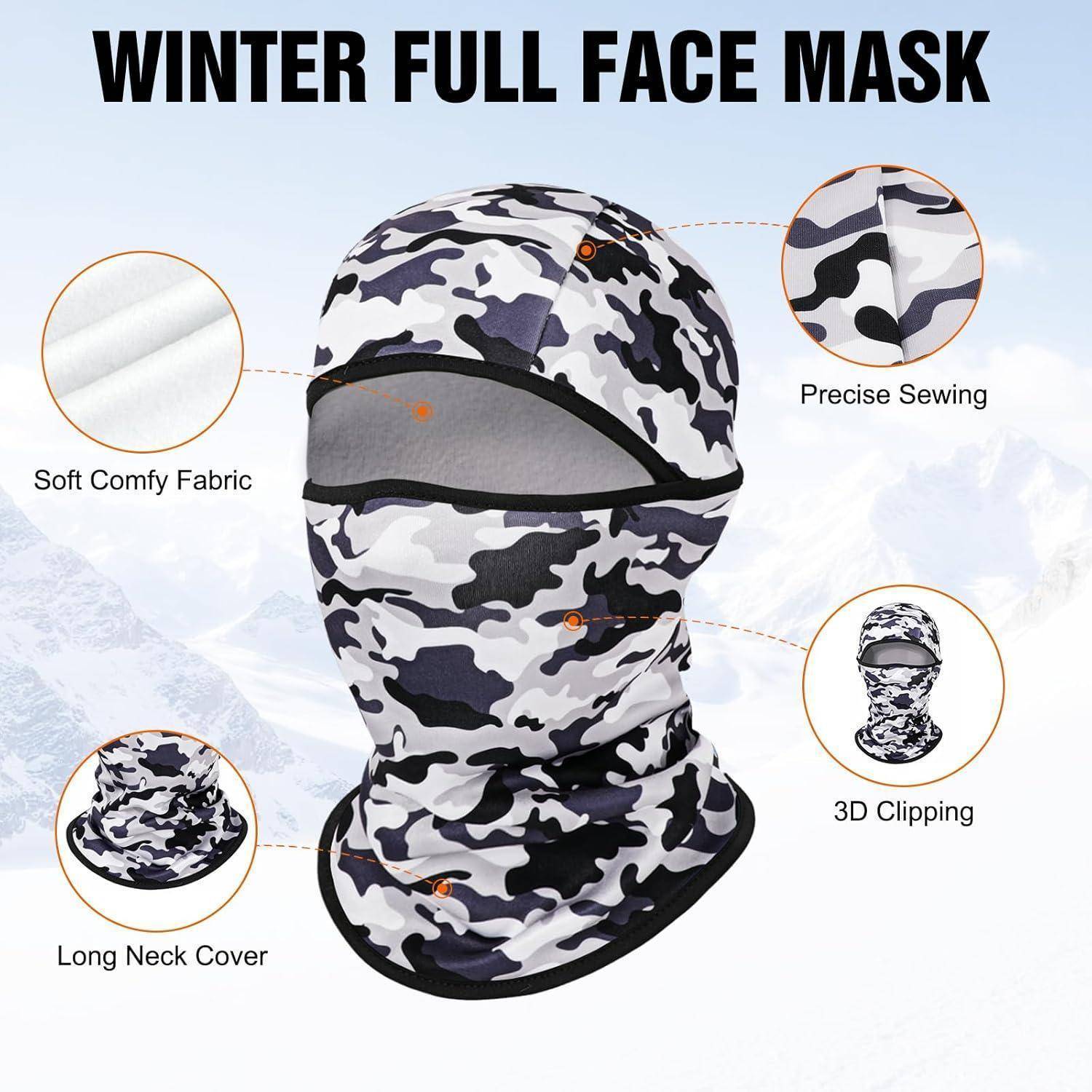 Tarnung Wintermaske für das ganze Gesicht mit weichem Stoff, präziser Verarbeitung und langem Halstuch; Produktmerkmale sind um die Maske herum gekennzeichnet.