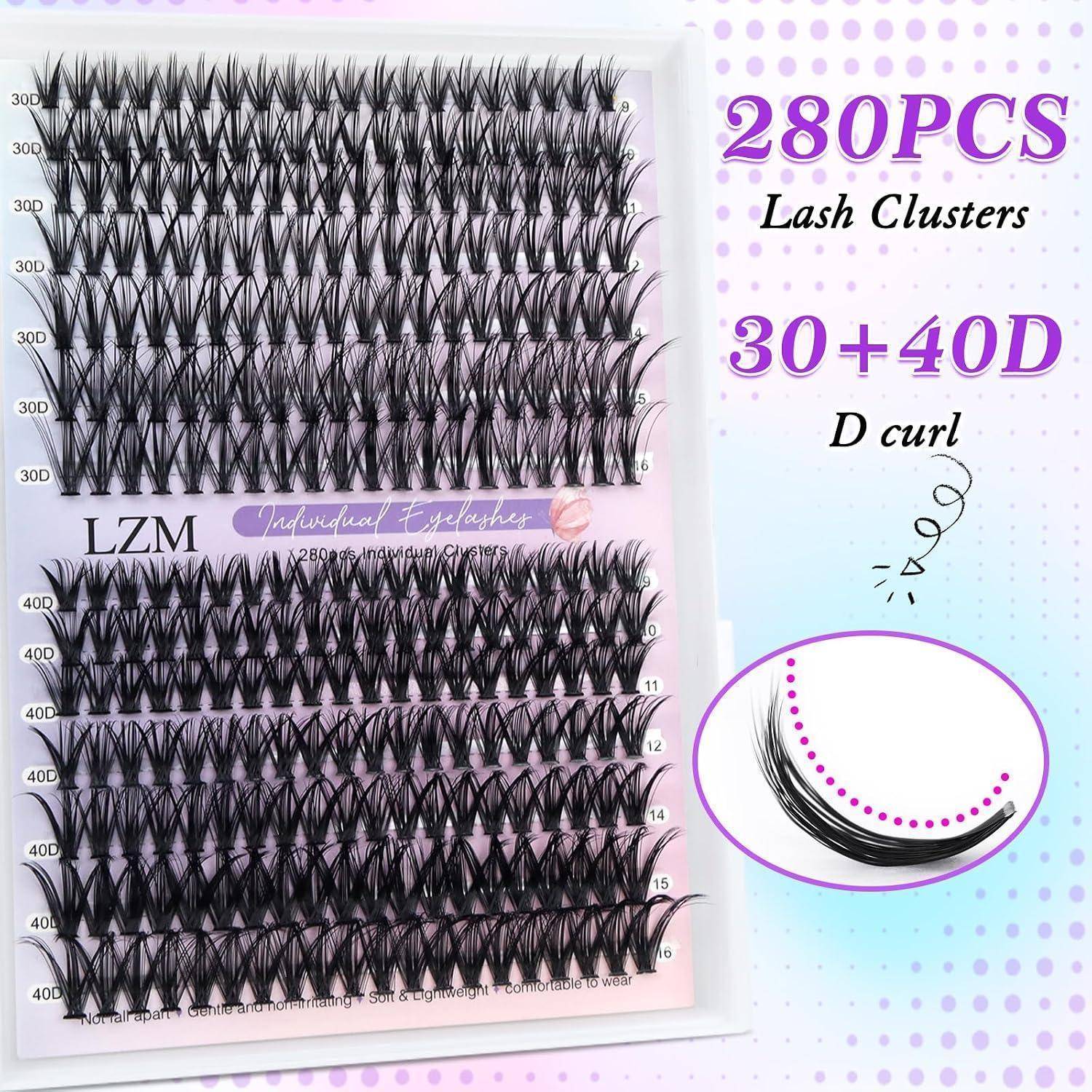 Produktbild von 280er-Satz Wimperncluster, zeigt 30D und 40D D-Curl einzelne Wimpernfächerungen in Tabletts, mit Nahaufnahme-Wimpernbeispiel.