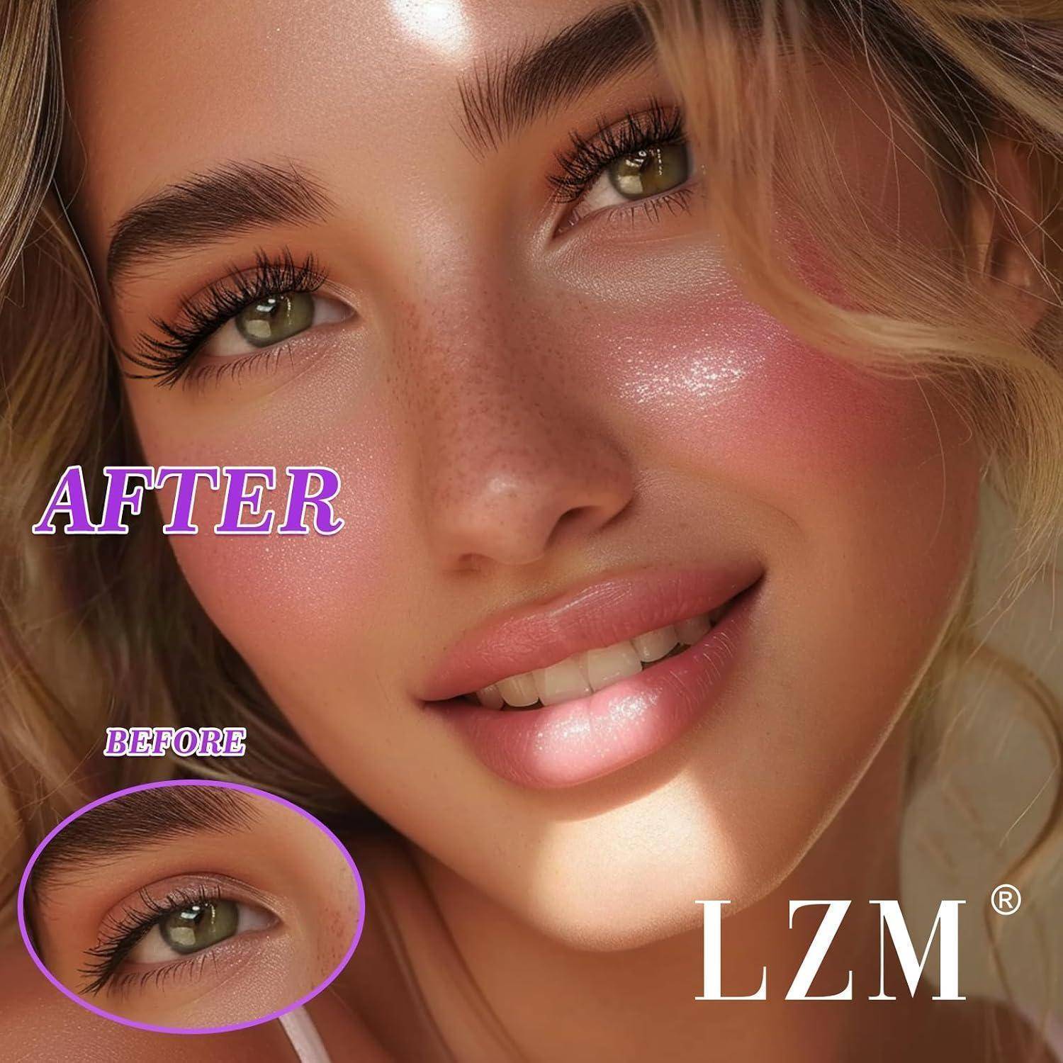 Vorher-und-Nachher-Schönheitsaufnahme aus der Nähe eines Frauengesichts mit verbessertem Make-up und Hautglanz; eingefügte Vorher-Aufnahme des Auges und Nachher-Porträt mit LZM-Logo.