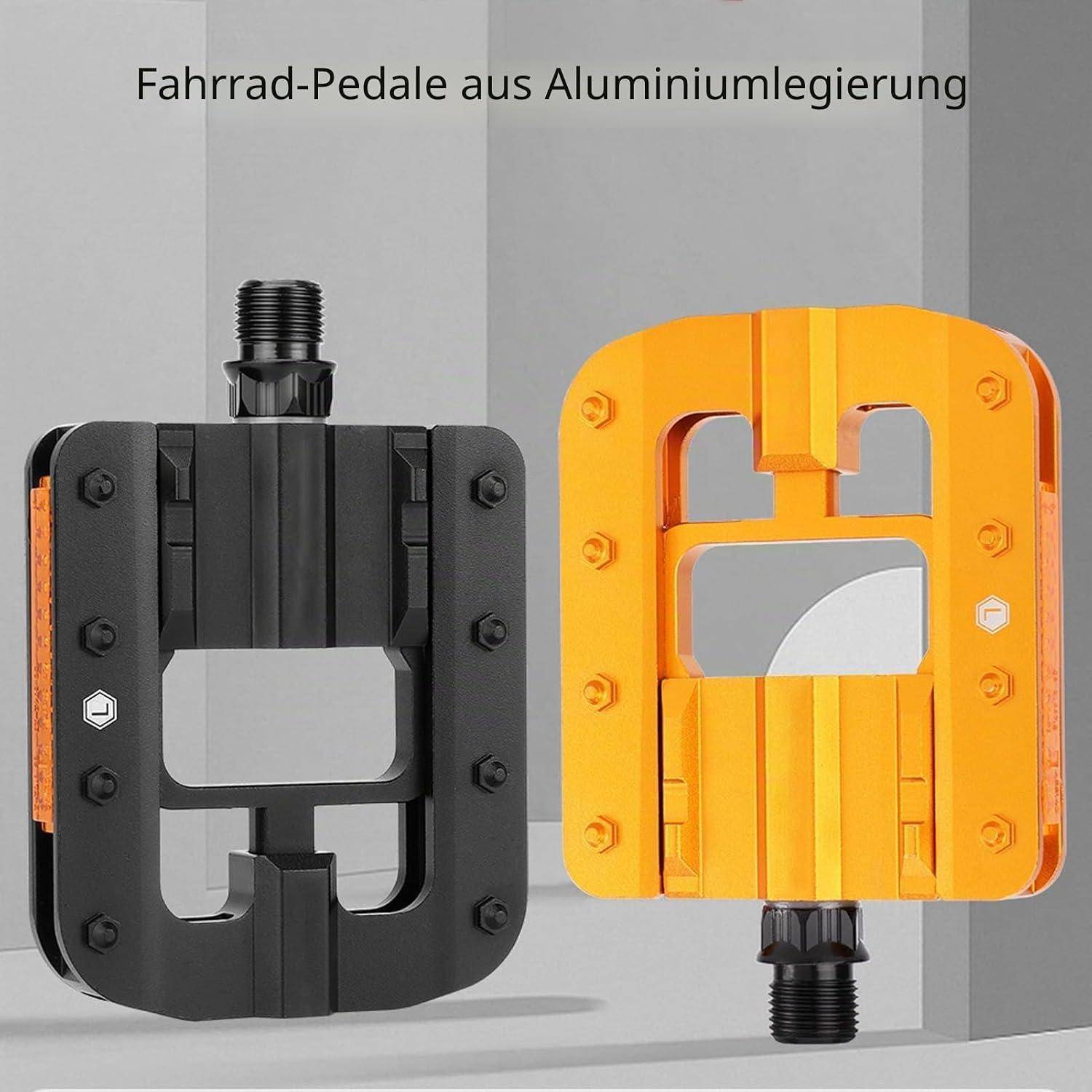Produktbild von zwei Fahrradpedalen aus Aluminiumlegierung, eines in Schwarz und eines in Orange, mit der Beschriftung „Fahrrad-Pedale aus Aluminiumlegierung".