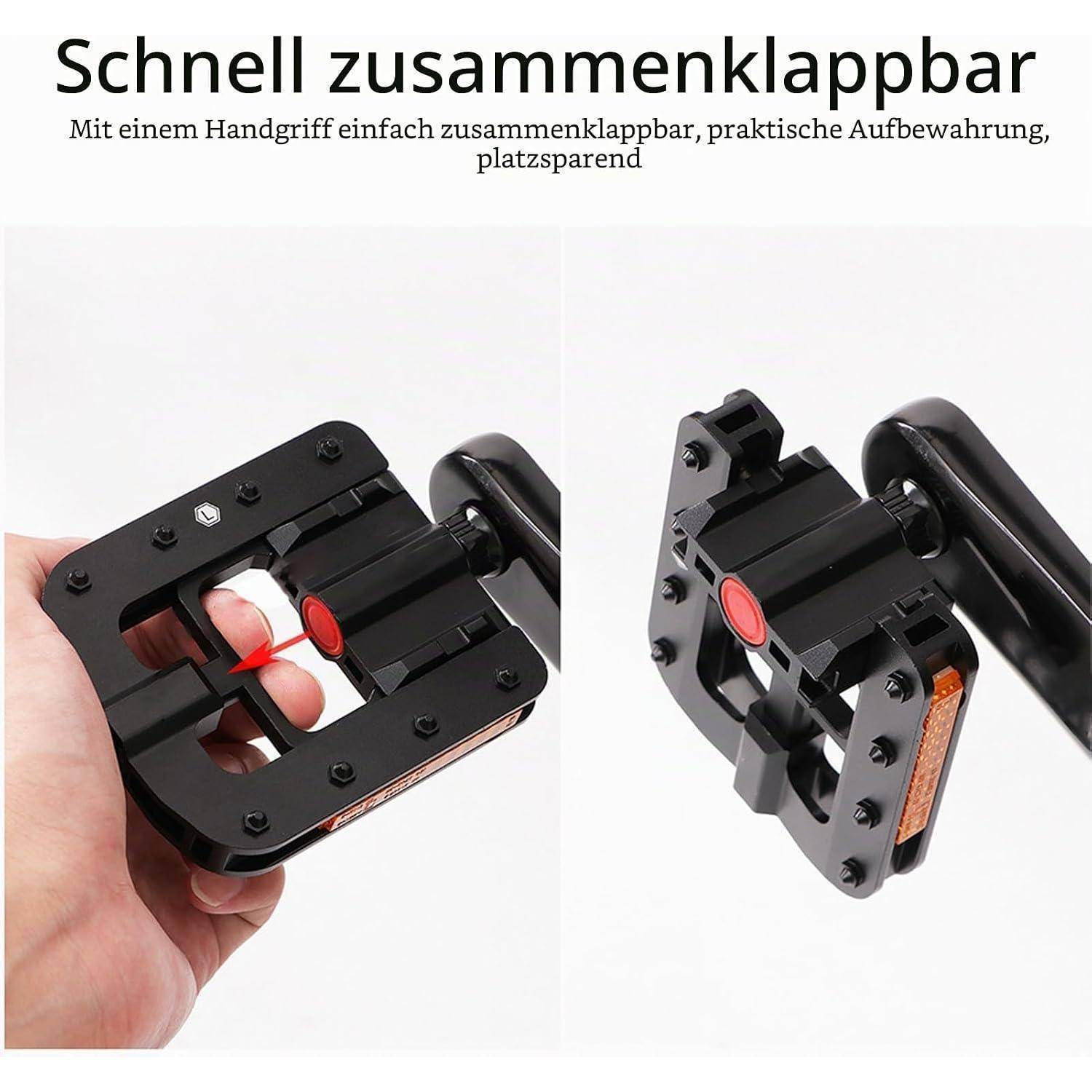 Produktfoto zeigt ein faltbares schwarzes Fahrradpedal in der Hand und entfaltet, mit deutschem Text „Schnell zusammenklappbar", das einfaches, platzsparendes Falten hervorhebt.