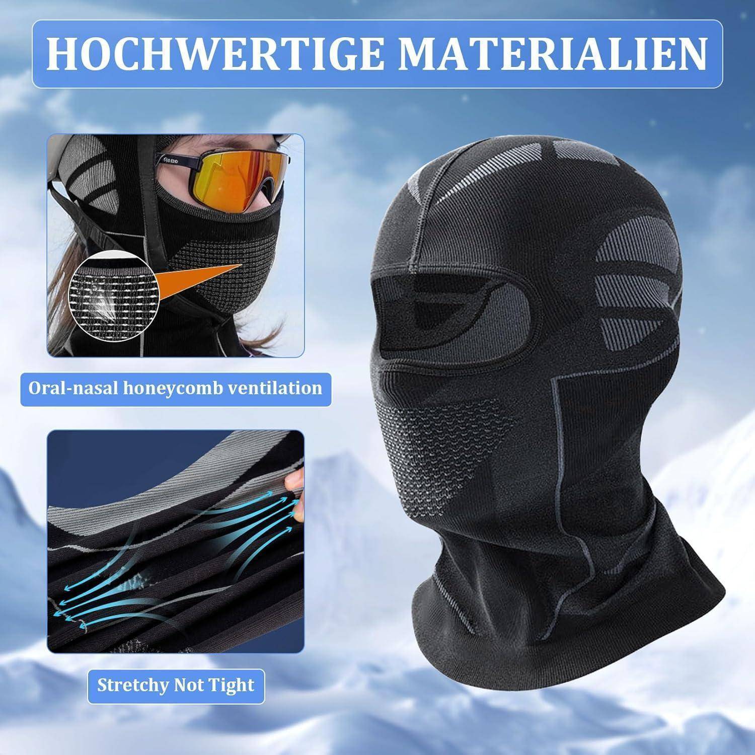 Schwarze Sturmhaube Skimaske, dargestellt als Produktanzeige mit deutschem Text „Hochwertige Materialien", wobei die Mund-Nasen-Wabenbelüftung und die dehnbare Passform hervorgehoben werden.