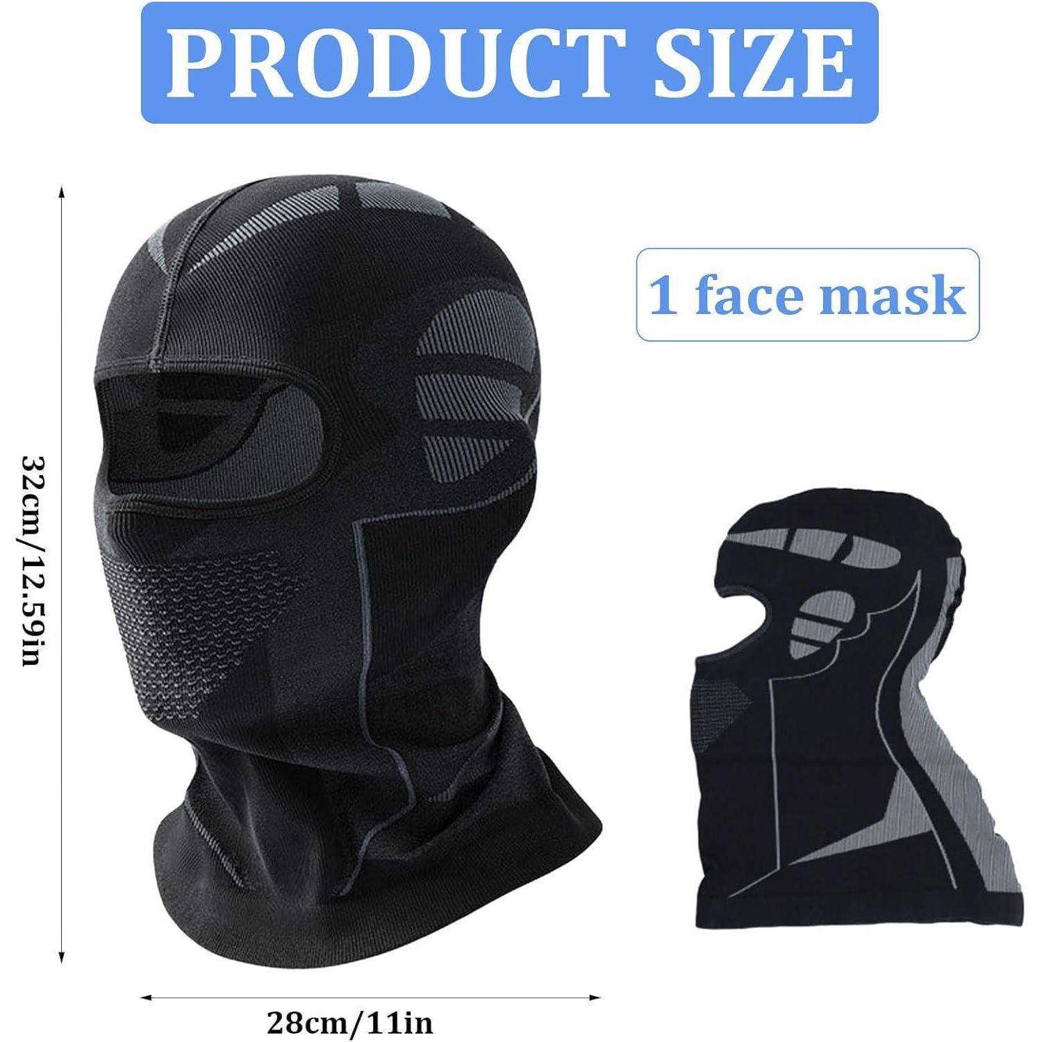 Produktgrößengrafik für eine schwarze Sturmhaube, die eine Höhe von 32 cm und eine Breite von 28 cm mit Vorder- und Seitenansichten zeigt, gekennzeichnet als '1 Gesichtsmaske'.