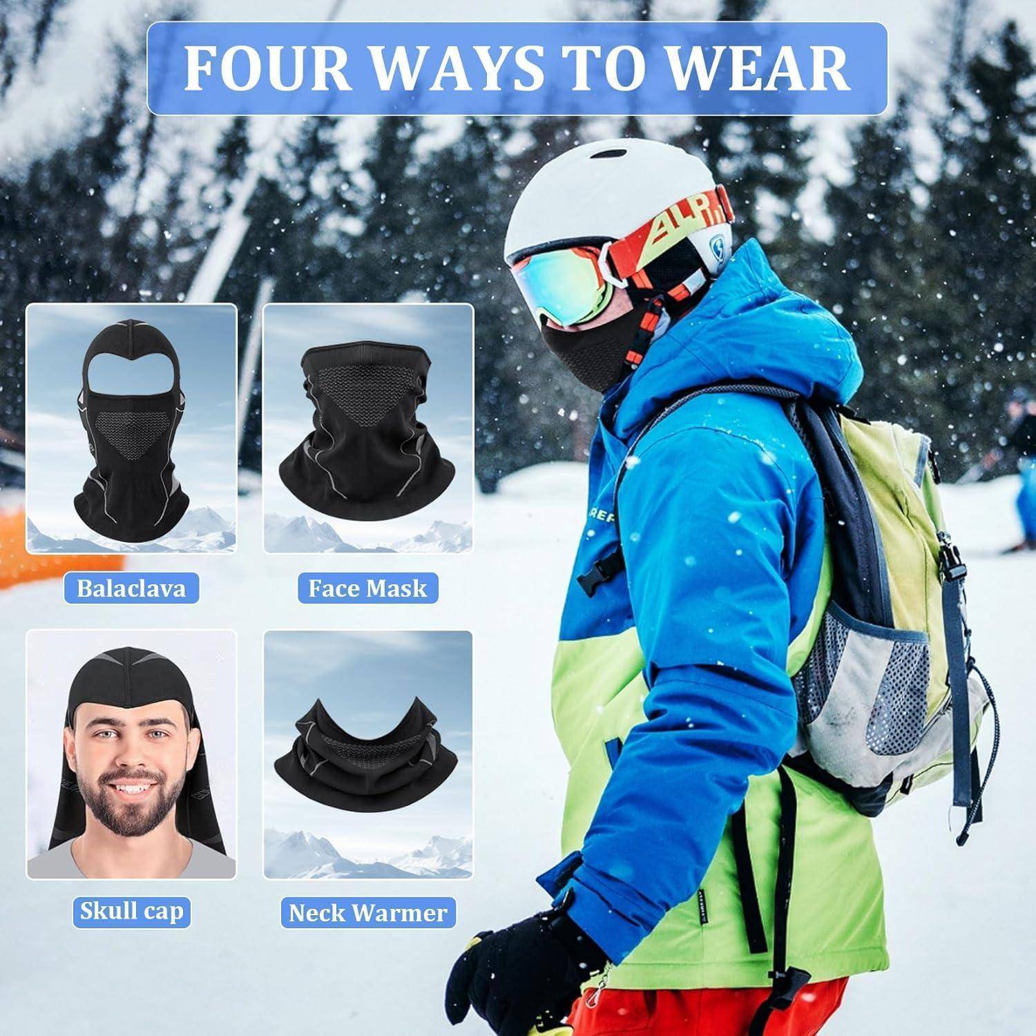 Infografik für Wintersportarten mit "VIER MÖGLICHKEITEN ZUM TRAGEN"" einer Gesichtsbedeckung: Sturmhaube, Gesichtsmaske, Totenkopfmütze und Nackenerhitzer, zusammen mit einem Skifahrer in verschneiter Ausrüstung.