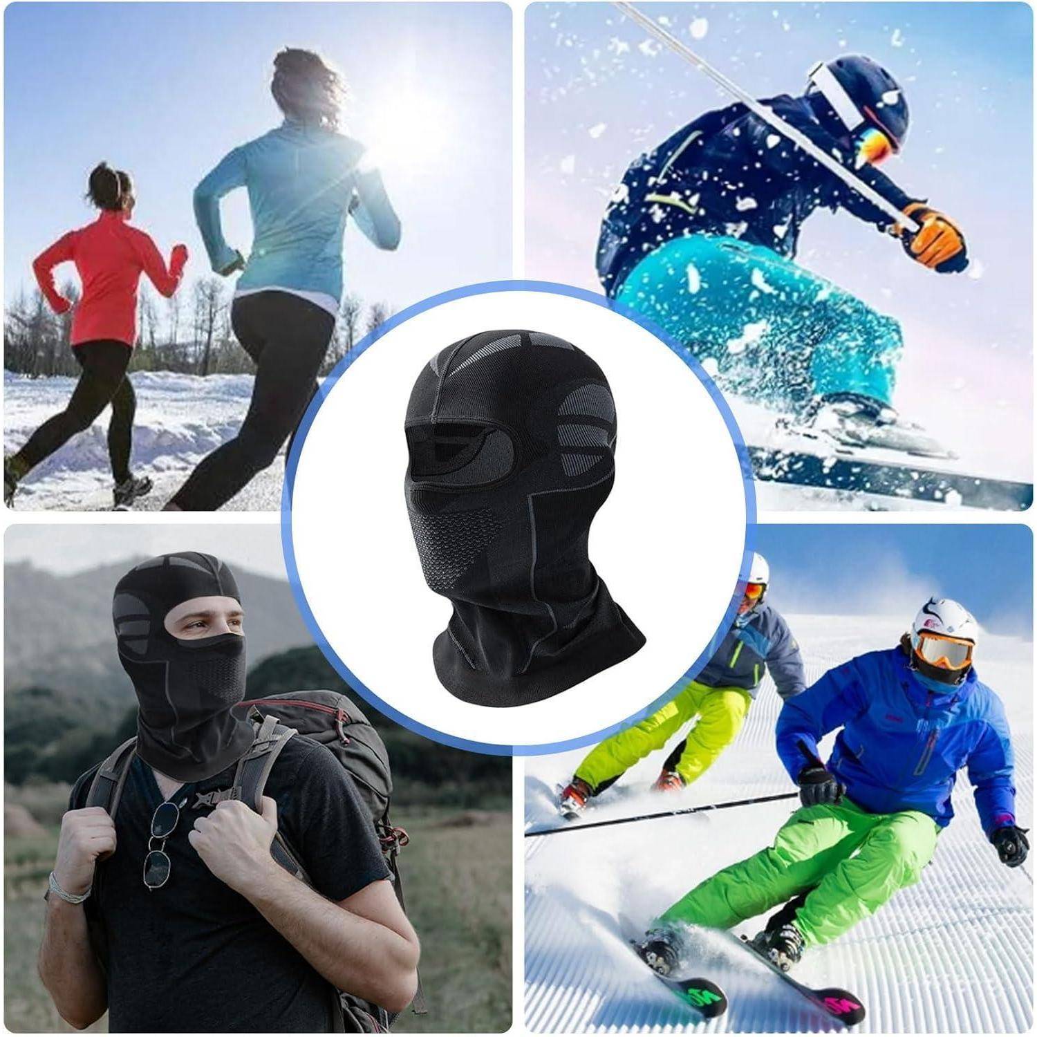 Schwarze Sturmhaube mit Gesichtsschutz, gezeigt mit Menschen beim Skifahren, Snowboarden und Laufen im Freien bei kaltem Wetter.