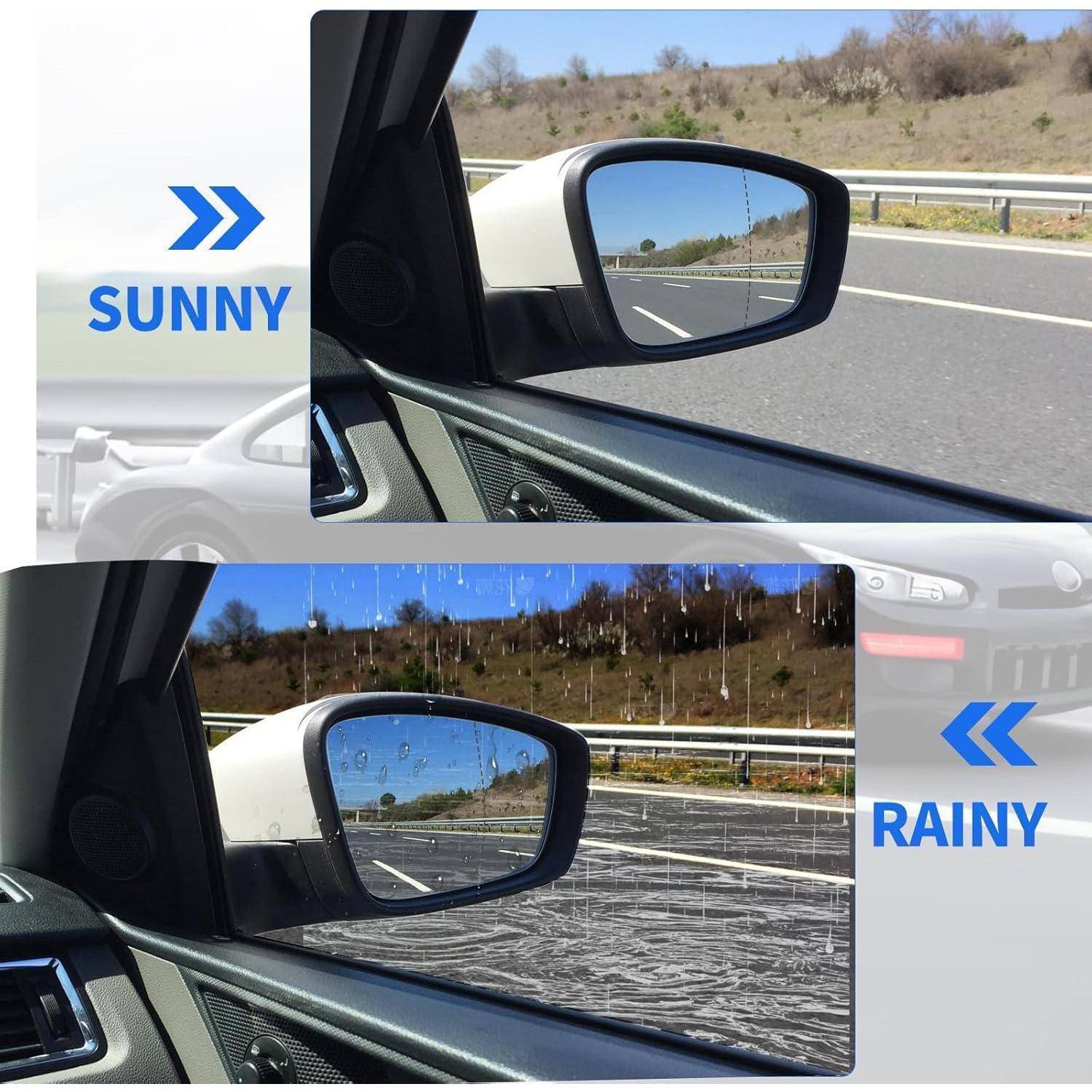 Geteiltes Bild, das sonnige und regnerische Aussichten durch einen Außenspiegel eines Autos auf einer Autobahn vergleicht.
