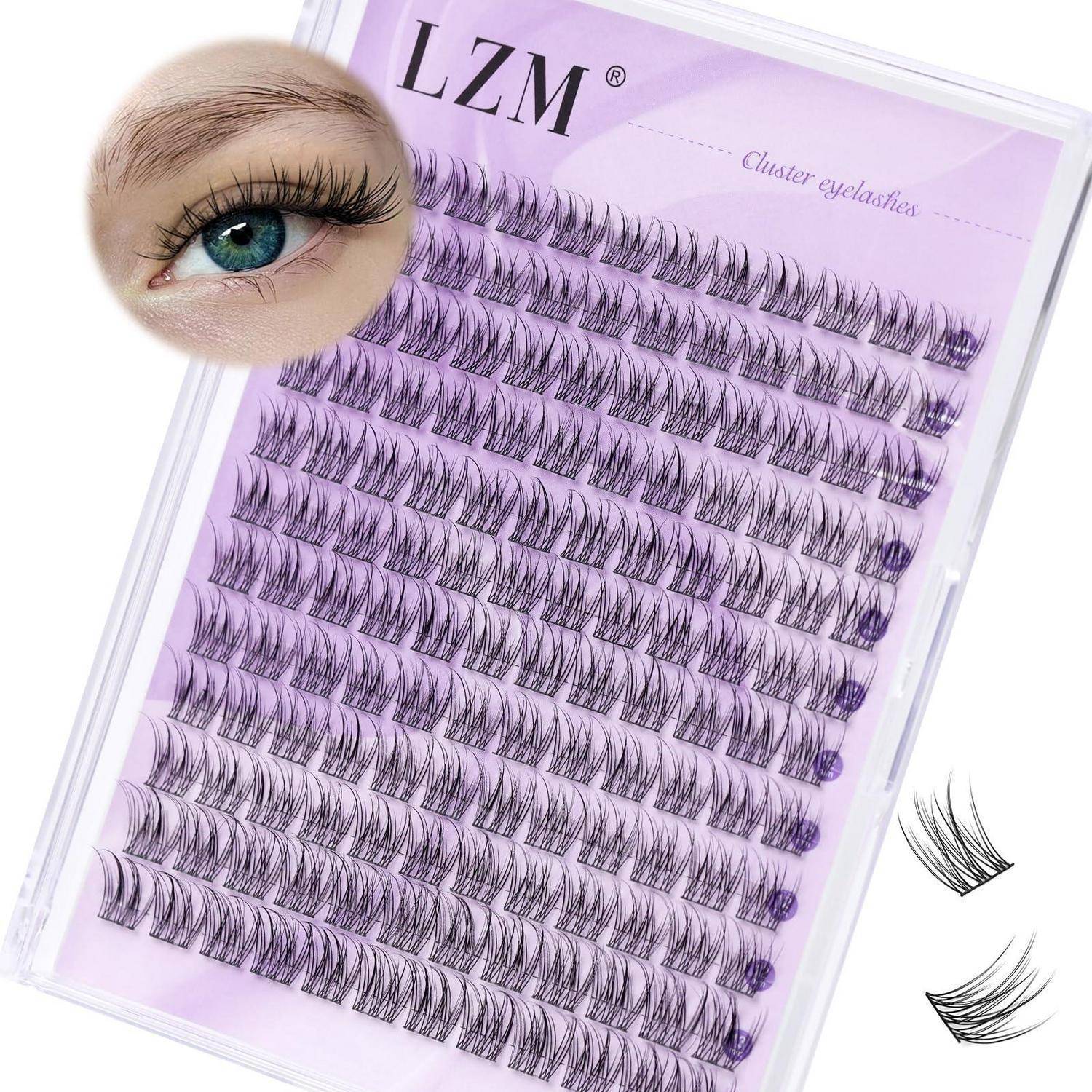Verpackung von LZM Cluster-Wimpern mit mehreren falschen Wimpernstreifen und einer eingefügten Nahaufnahme eines menschlichen Auges mit Wimpern