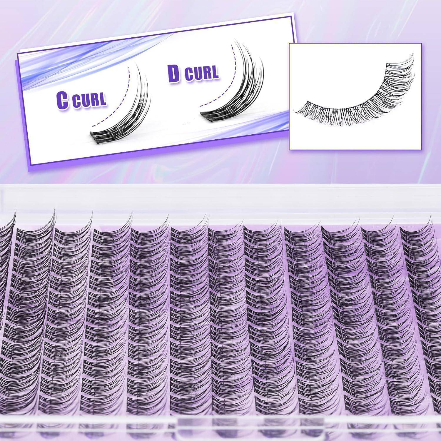 Schönheitsgrafik zum Vergleich von C-Curl und D-Curl Wimpernverlängerungen, mit Reihen von falschen Wimpernstreifen, die darunter angezeigt werden.