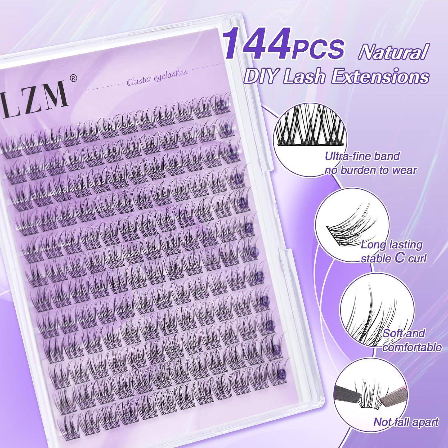 Packung mit 144 natürlichen DIY-Wimpernverlängerungen in einem transparenten Behälter, gezeigt mit vergrößerten Detailansichten für ultrafeines Band, C-Welle, Weichheit und Haltbarkeit.