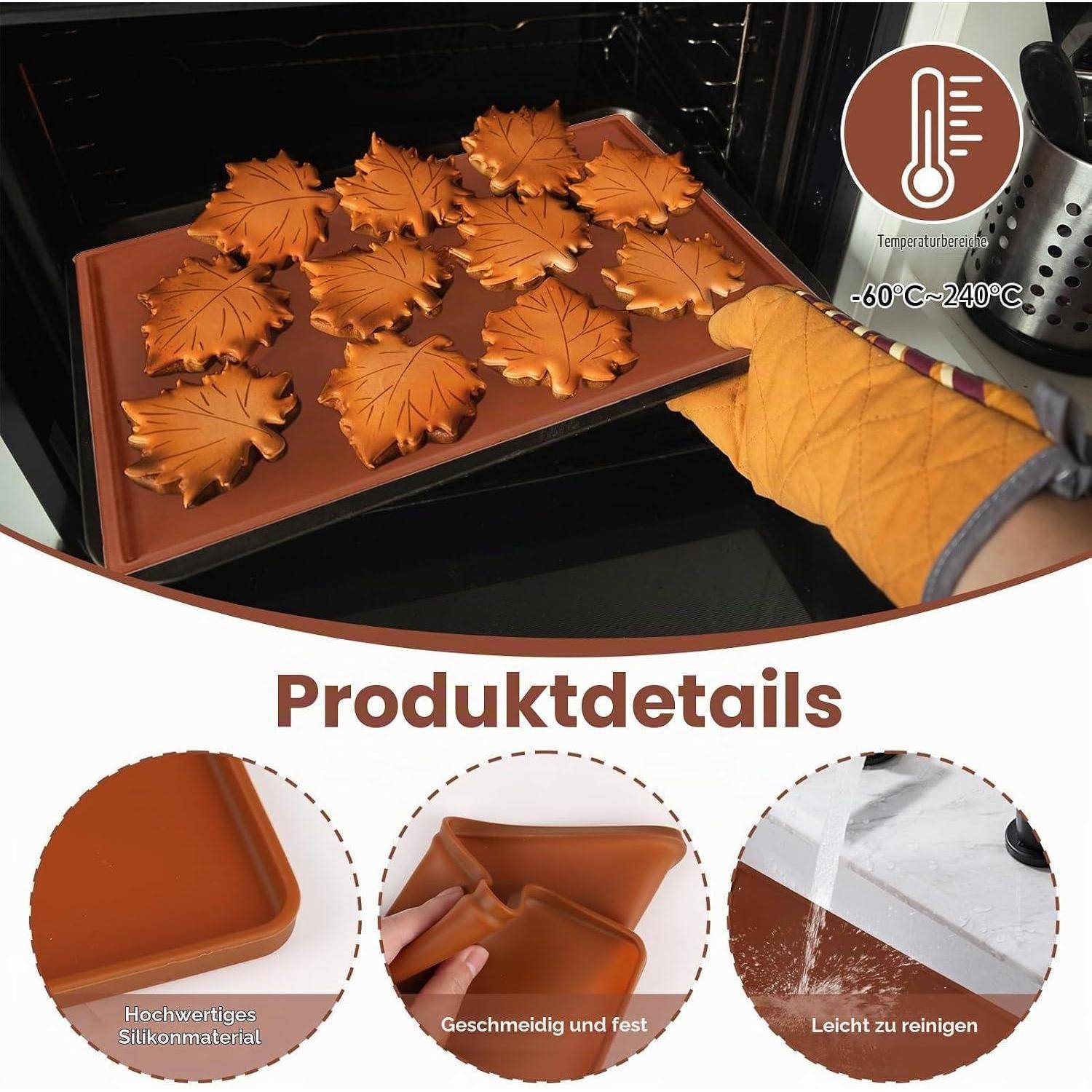 Backblech mit blattförmigen Formen, die Teigstücke in einem Ofen halten; Die unten gezeigten Produktdetails zeigen Silikonmaterial, flexibles Design und einfache Reinigung.
