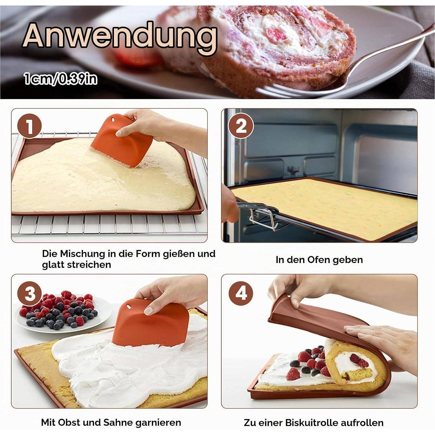 Backanleitungen mit vier Schritten: Den Teig in eine Pfanne gießen, backen, mit Obst und Sahne garnieren und dann zu einer Schweizer Rolle aufrollen.