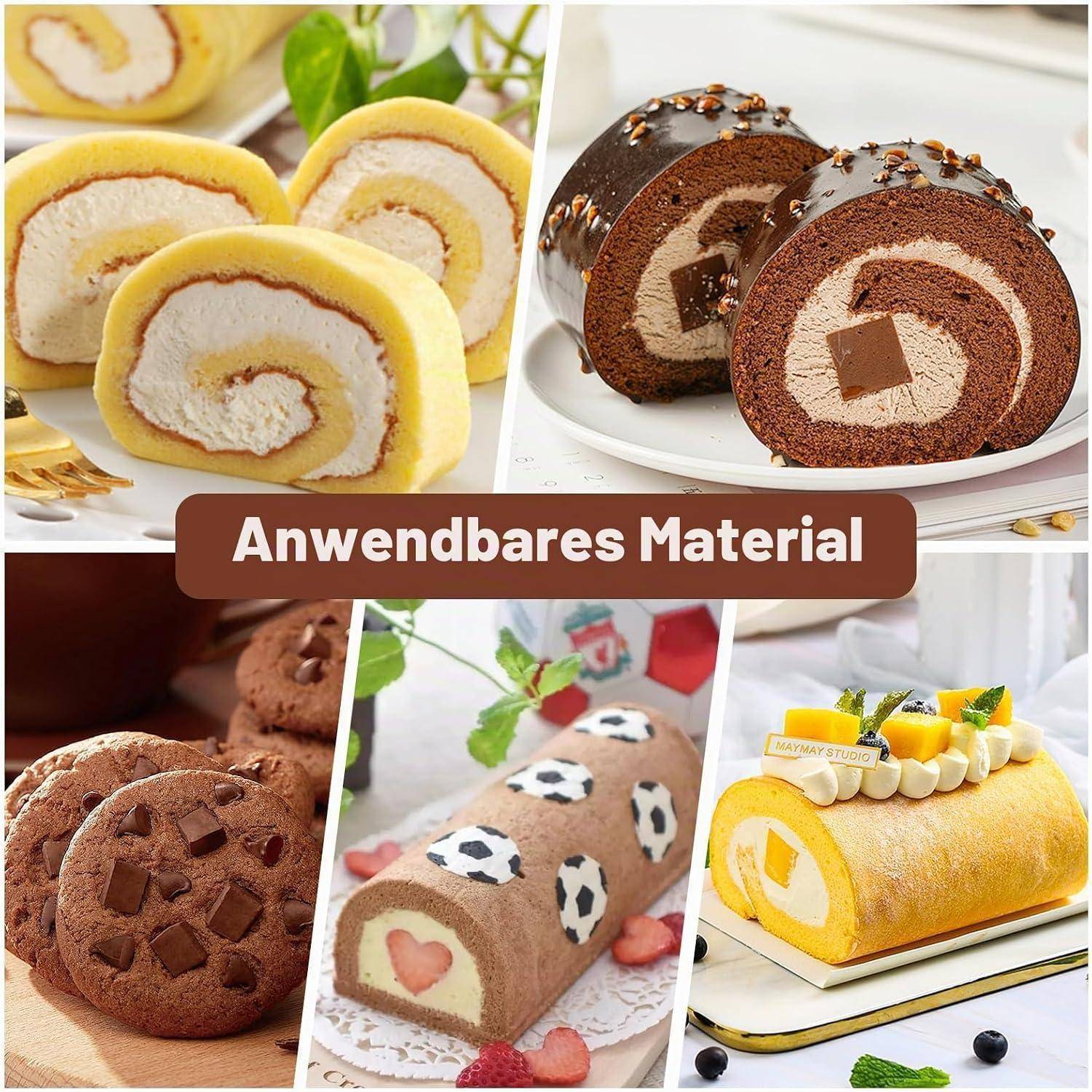 Collage aus fünf Rouladen und Keksen, einschließlich Schokoladen-, Gelb- und Fußball-Designs, mit dem deutschen Text „Anwendbares Material