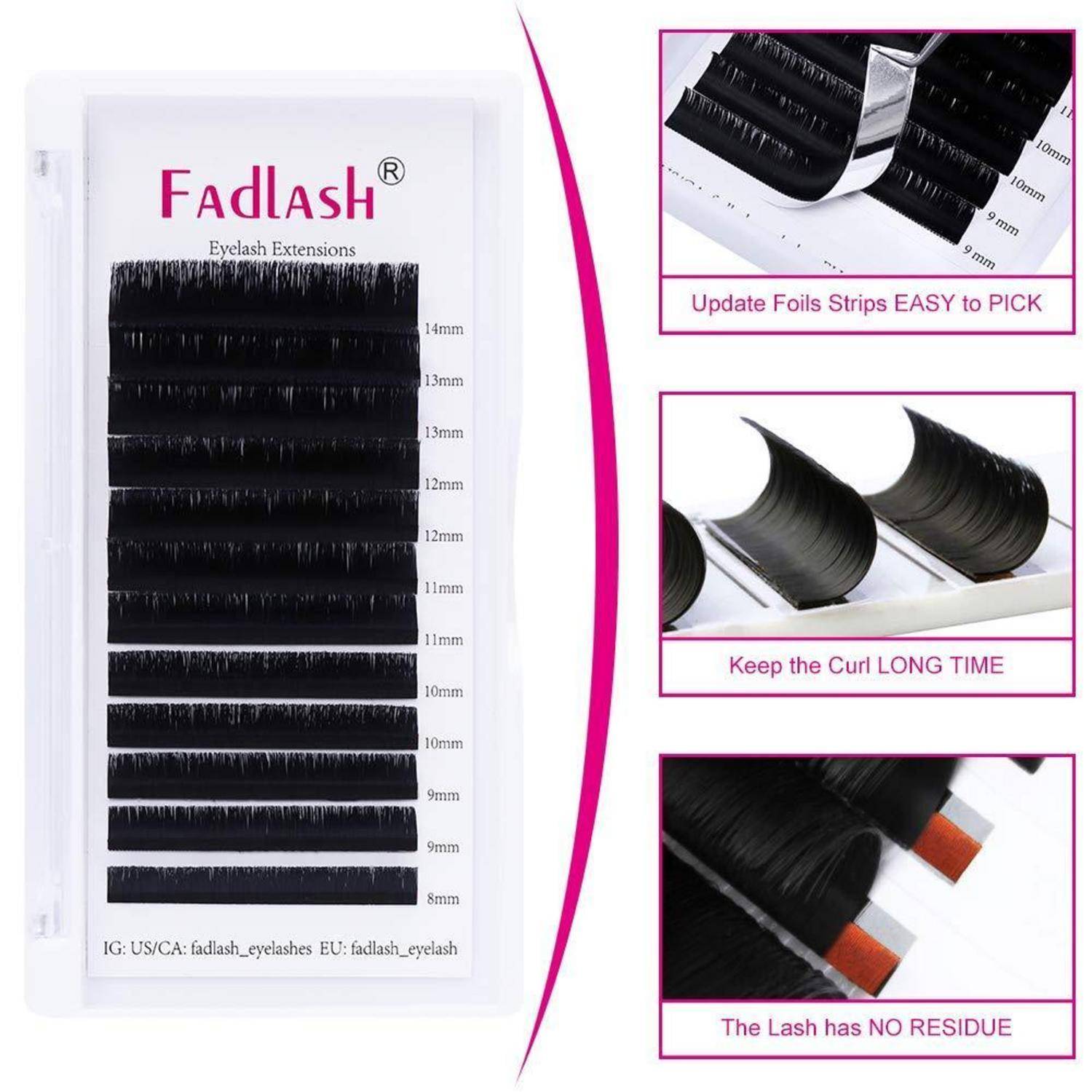 Fadlash Wimpernverlängerungs-Tablett mit gemischten Wimpernlängen, mit eingefügten Nahaufnahmen, die ein einfaches Abheben der Folie-Streifen, lang anhaltende Wölbung und keine Rückstände hervorheben.