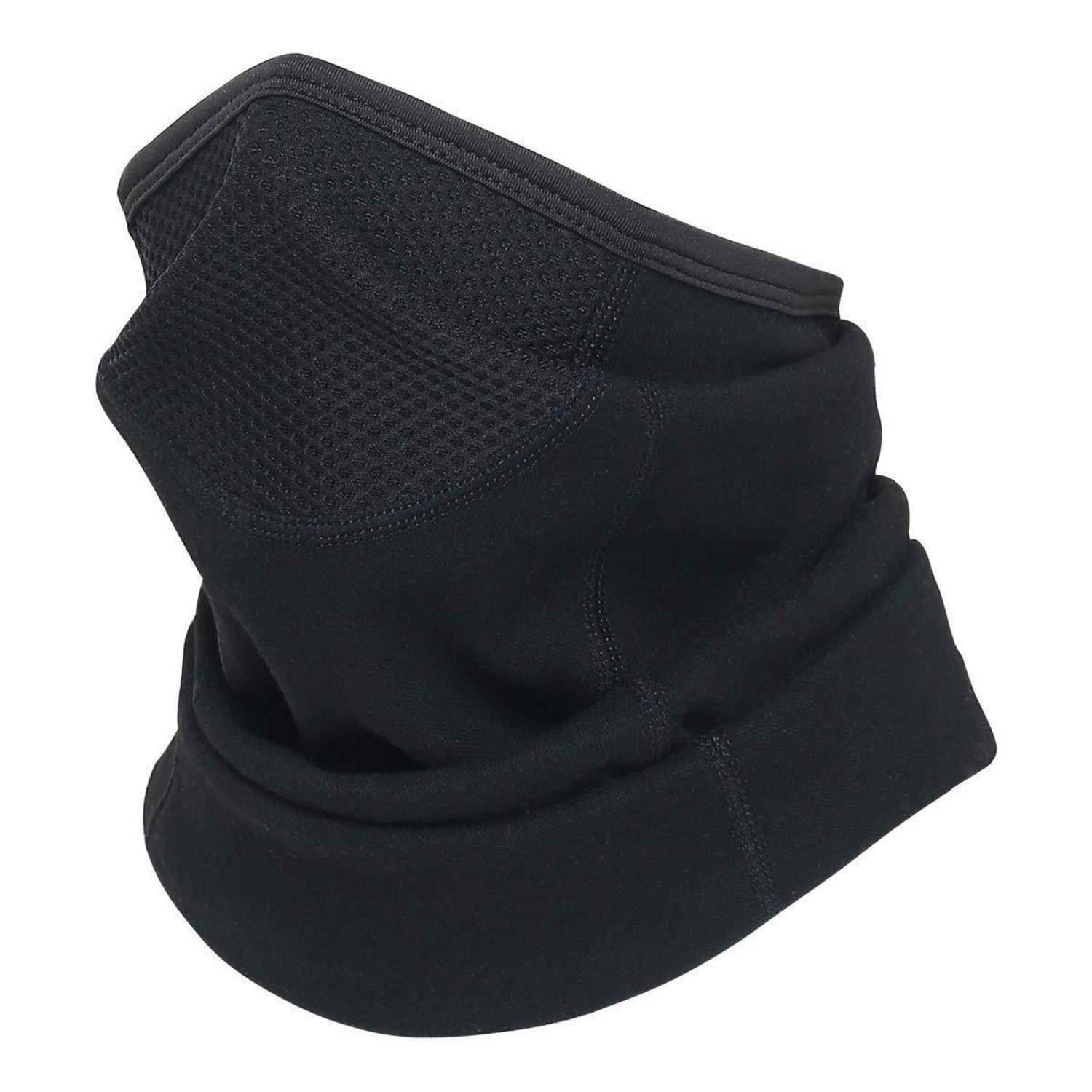 Schwarzes Nacken-Gaiter oder Gesichtsschutz mit Mesh-Panel, gezeigt auf weißem Hintergrund.