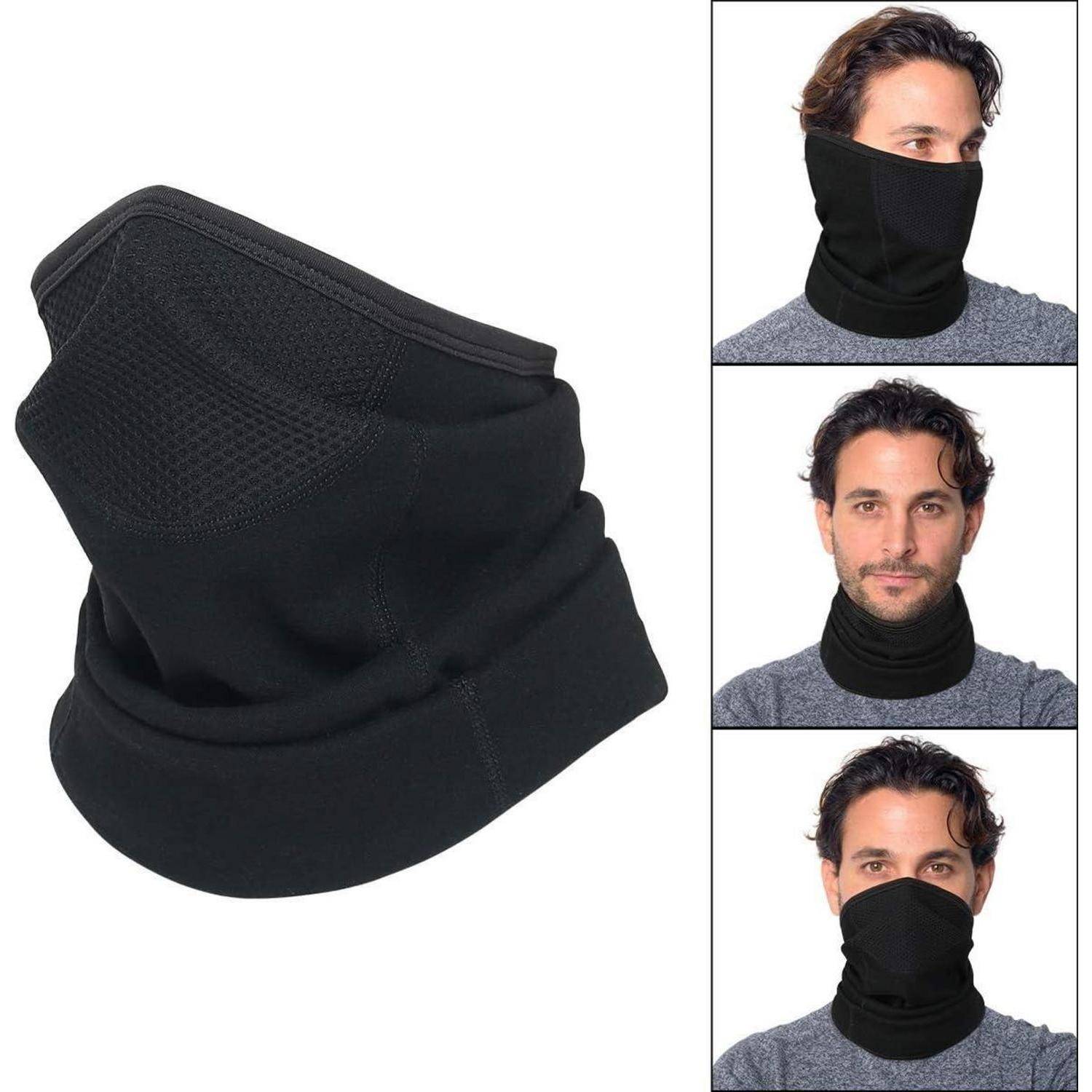 Schwarzer multifunktionaler Halstuch, gezeigt als Gesichtsmaske, Nackenwärmer und Mundschutz in drei Beispielen an einem Mann getragen.