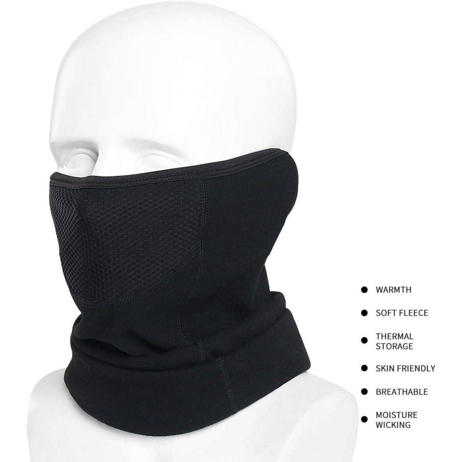 Schwarzer Fleece-Halswärmer Gesichtsmaske auf einer Schneiderpuppe, mit aufgelisteten Merkmalen: Wärmespeicherung, weiches Fleece, Wärmespeicherung, hautfreundlich, atmungsaktiv, feuchtigkeitsableitend.