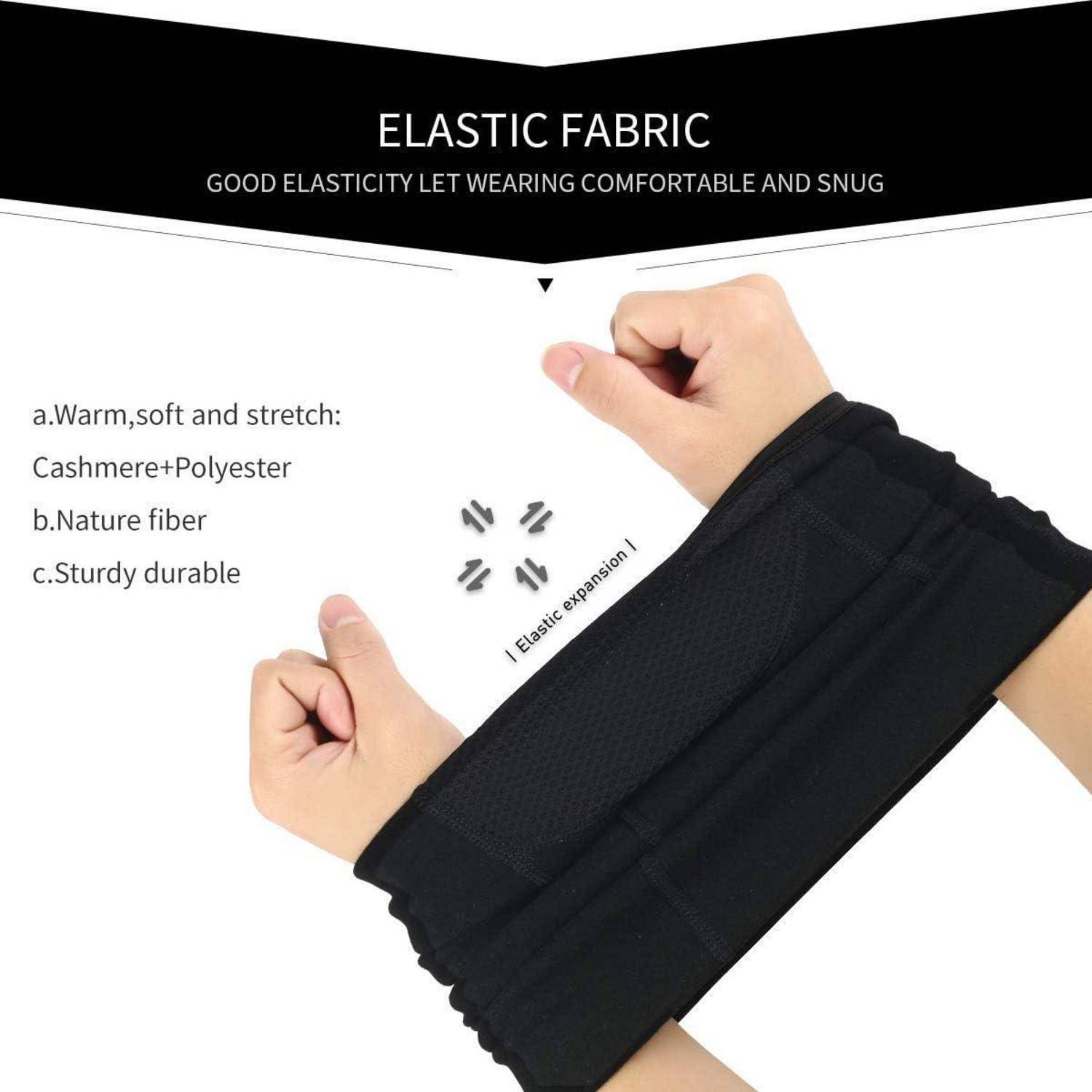 Werbebild einer schwarzen elastischen Stoff-Armmanschette, die von zwei Händen gedehnt wird, mit der Beschriftung „ELASTISCHER STOFF
