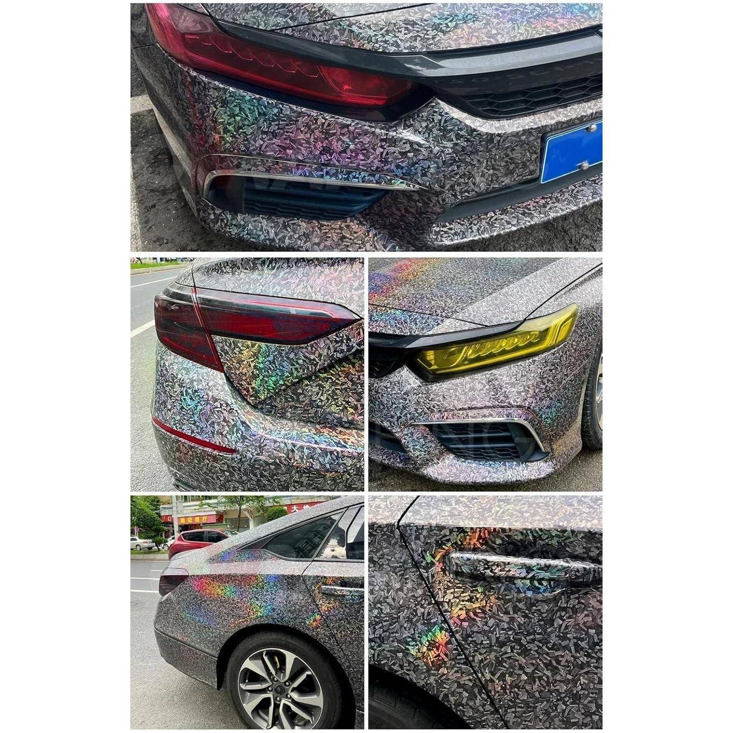 Collage eines in reflektierender, irisierender Mosaikoberfläche verpackten Autos, das die Rückseite, die vordere Scheinwerfer, die Seite und Türdetails zeigt.