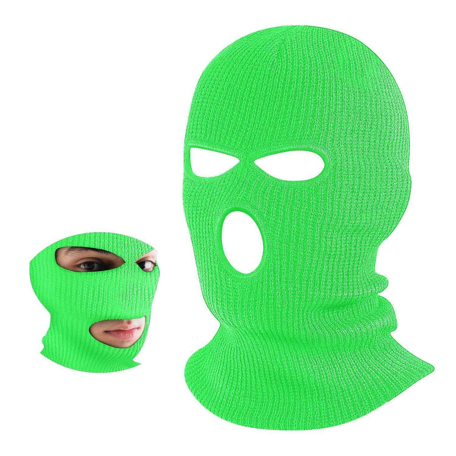 Leuchtend neongrüne gestrickte Sturmhaube/Skimaske in Vorderansicht und zusammengefaltet in kleinerer Form dargestellt, mit Öffnungen für Augen und Mund, die einen Teil eines Gesichts enthüllen.