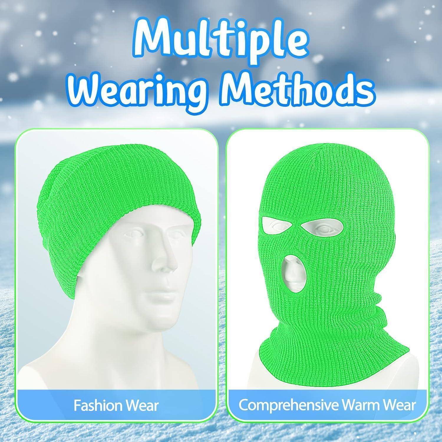 Grafik zeigt eine grüne gestrickte Gesichtsmaske auf zwei Arten getragen: als Beanie mit der Bezeichnung „Fashion Wear" und als vollständige Gesichtsmaske mit der Bezeichnung „Umfassende Wärmebekleidung"".