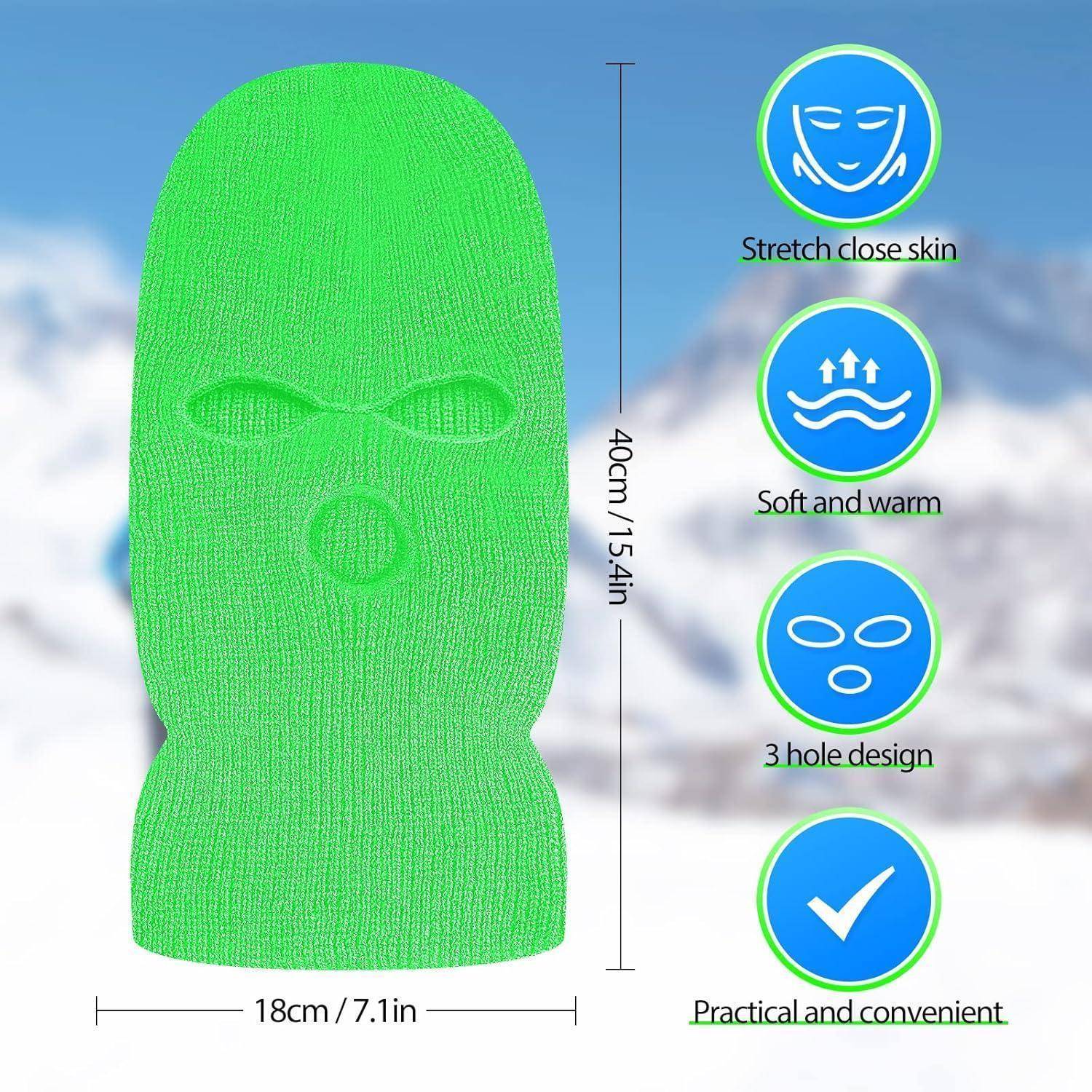 Grüne gestrickte Sturmhaube Skimaske mit Augen- und Mundöffnungen, gekennzeichnet mit 40 cm Höhe und 18 cm Breite; Symbole heben Dehnpassform, Wärmeschutz, 3-Loch-Design und Benutzerfreundlichkeit hervor.