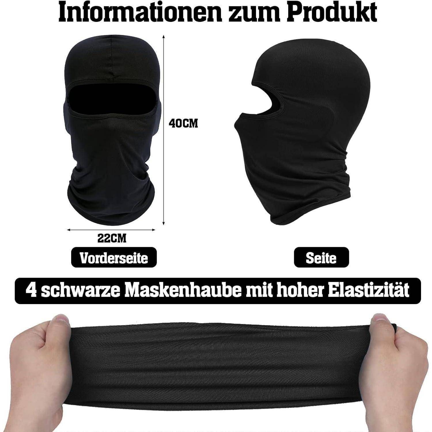 Produktbild mit einer schwarzen Stretch-Sturmmaske in Vorder- und Seitenansicht, beschriftet mit 40 cm x 22 cm, mit dem Text „4 schwarze Maskenhaube mit hoher Elastizität" und Händen, die den Stoff dehnen.