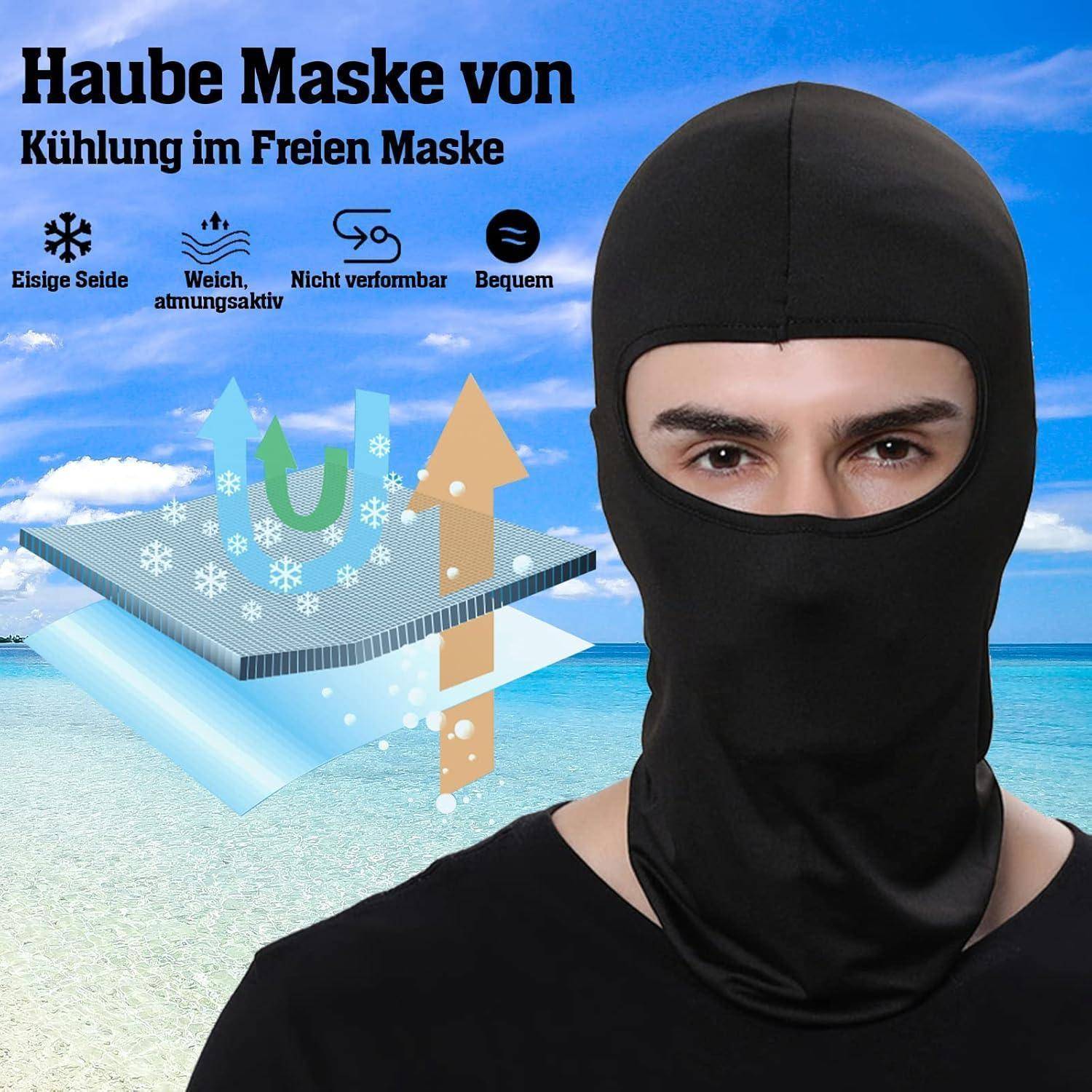Schwarze Kühlungsschlittschuhe mit Augenlöchern, dargestellt in einer Produktanzeige mit deutschem Text über eiskalt, atmungsaktiv, flexibel, komfortable Kühlung für den Außeneinsatz.