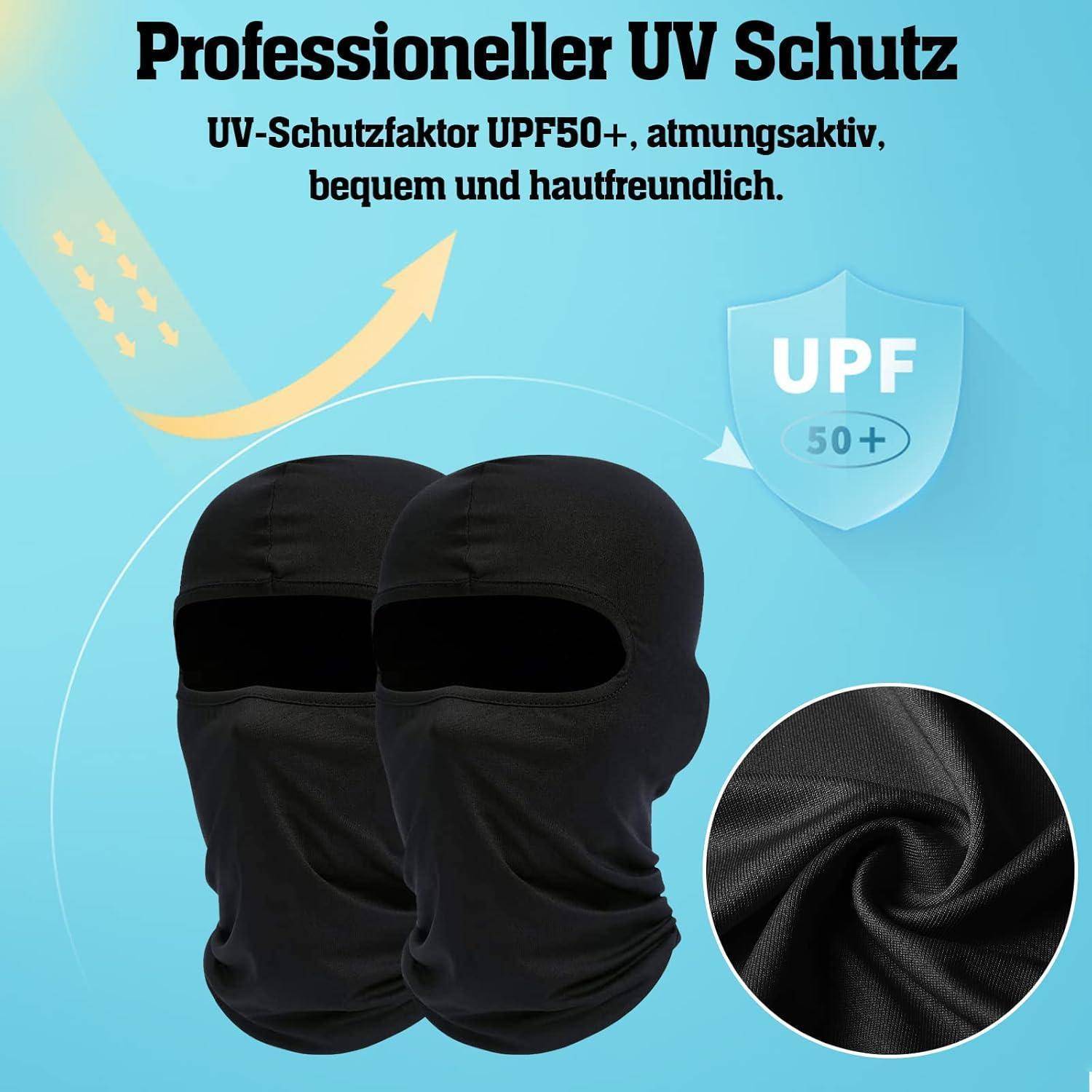 Anzeige für schwarze UV-Schutz-Sturmhauben, mit der Kennzeichnung "Professioneller UV Schutz"" und ""UPF 50+"", mit Nahaufnahme des Stoffes auf blauem Hintergrund.
