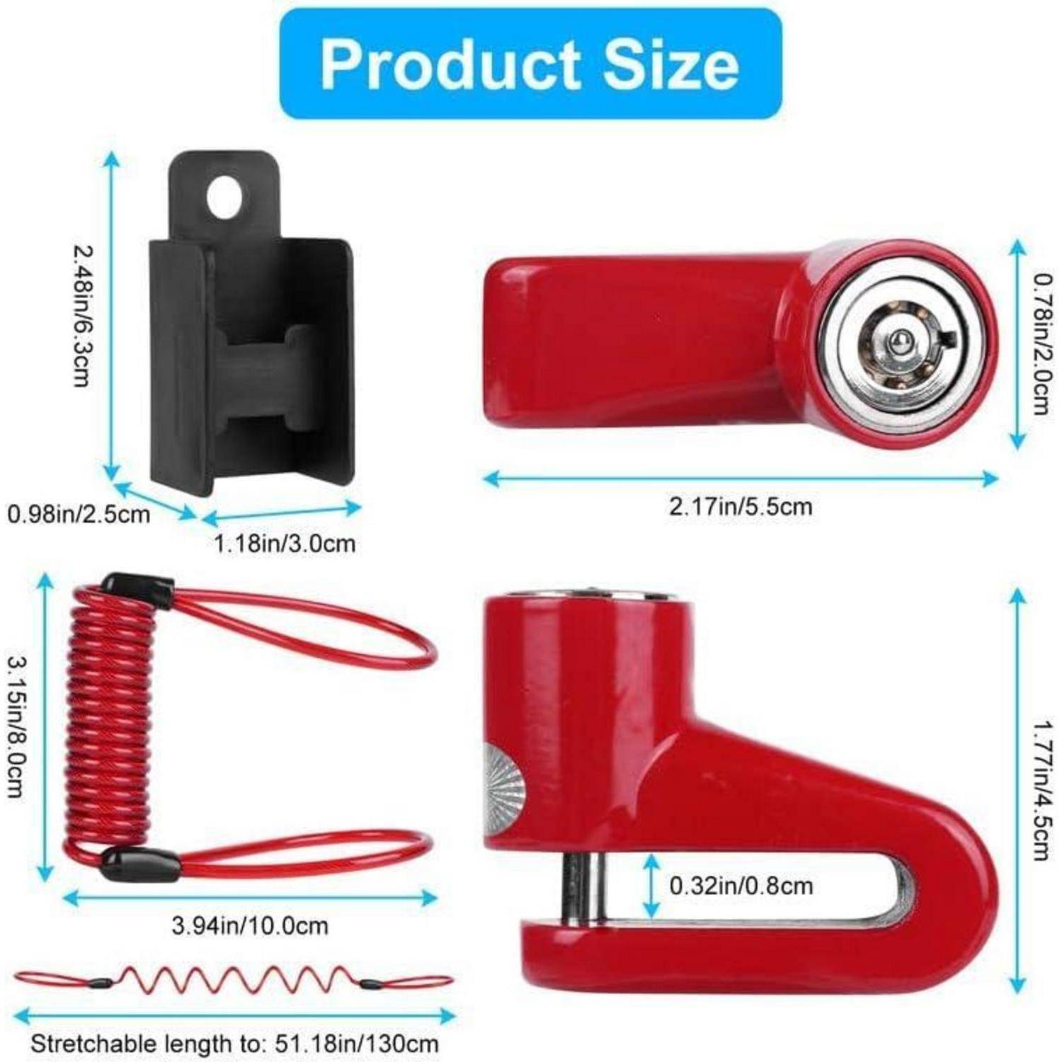 Produktgrößendiagramm mit vier roten und schwarzen Sicherheitsschloss-Teilen mit beschrifteten Abmessungen in Zoll und Zentimetern, einschließlich eines dehnbaren Kabels bis zu 51,18 Zoll/130 cm.