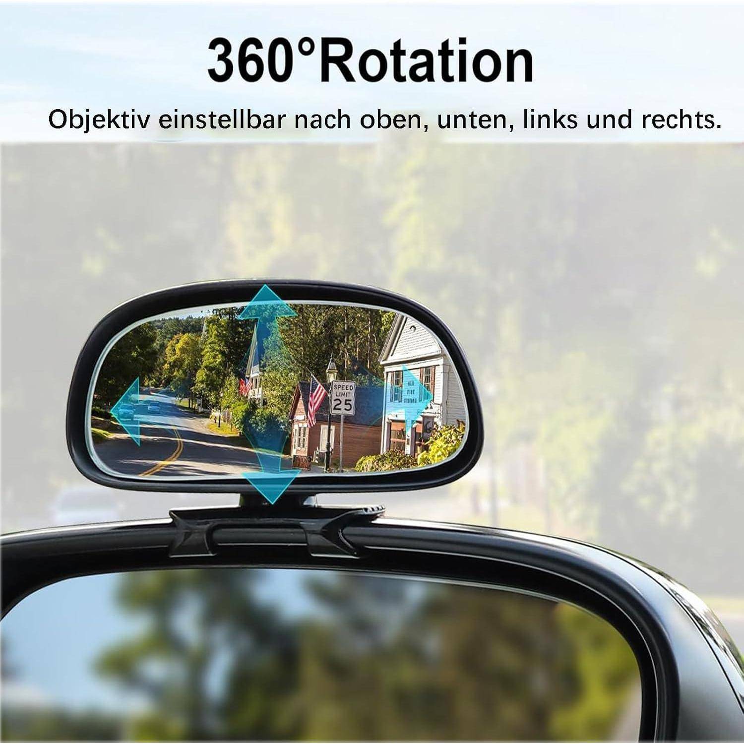 Seitenspiegel des Autos mit 360-Grad-Rotation, Pfeile zeigen einstellbare Positionen nach oben, unten, links und rechts.