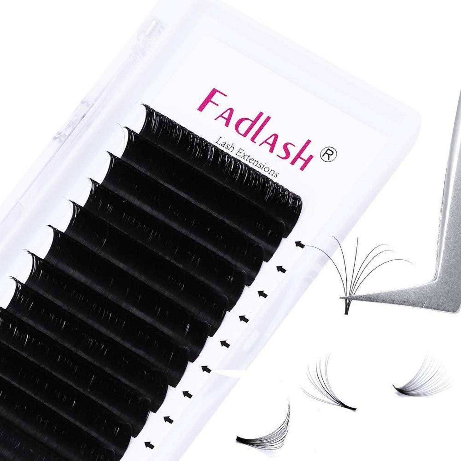 Packung von FadLash Wimpernverlängerungen mit schwarzen Wimpernverlängerungsstreifen und einem Muster einer gebogenen Wimperngruppe auf weißem Hintergrund.