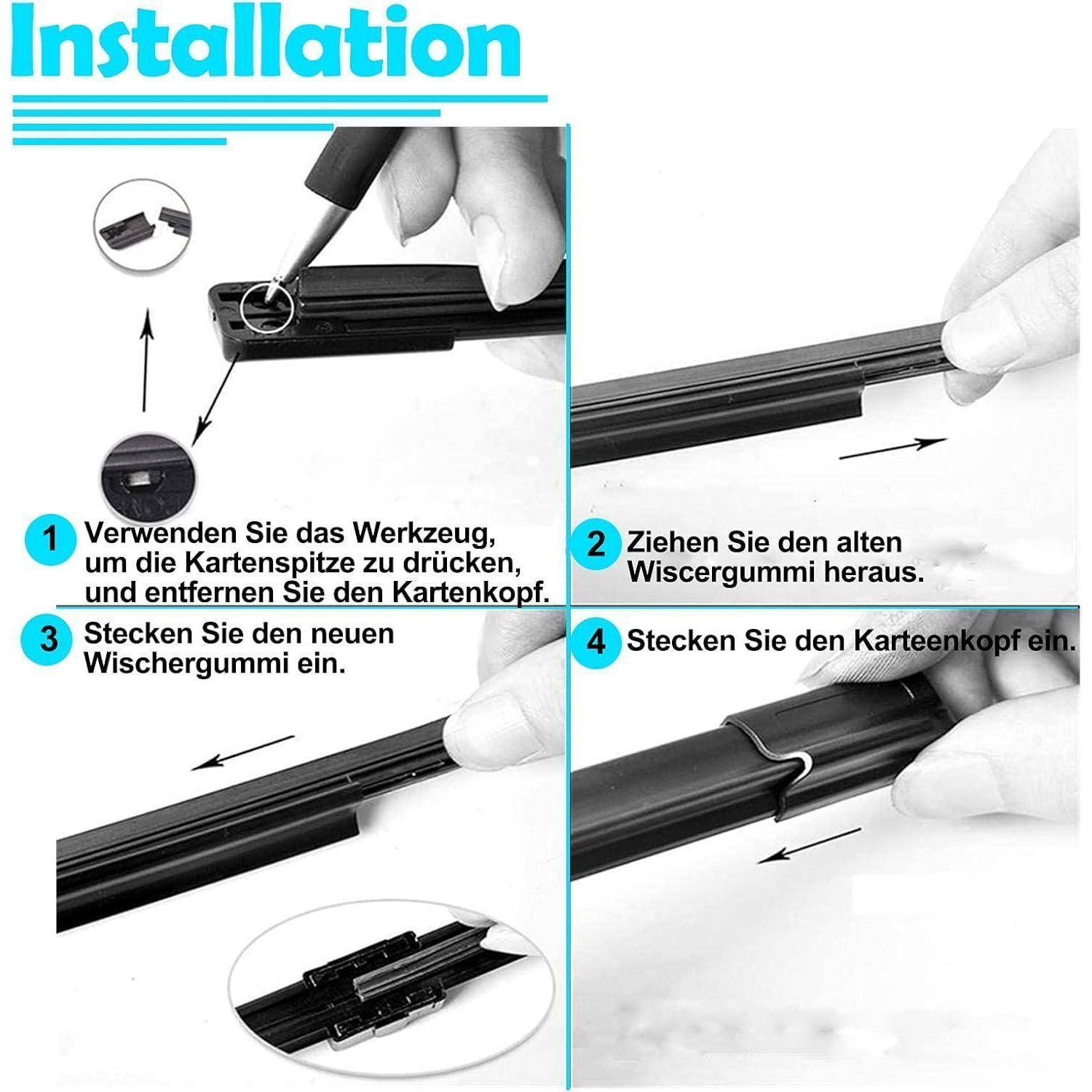 Installationsanleitung zum Austausch eines Scheibenwischereinzugs: Verwenden Sie das Werkzeug, um die Kartenkante zu drücken, entfernen Sie das alte Gummi, setzen Sie das neue Gummi ein und setzen Sie dann die Kartenkante wieder ein.