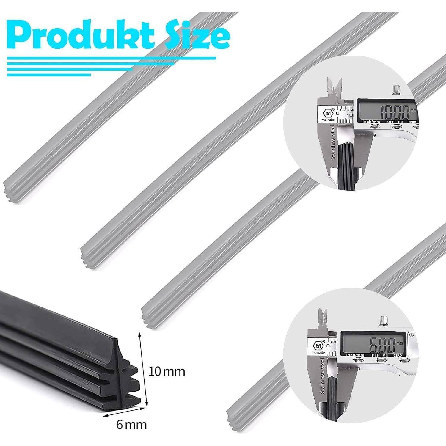 Produktgrößendiagramm, das ein schwarzes Streifenprofil mit einer Höhe von 10 mm und einer Breite von 6 mm zeigt, mit vergrößerten Schieblehrenaufnahmen, die 10,00 und 6,00 mm messen.