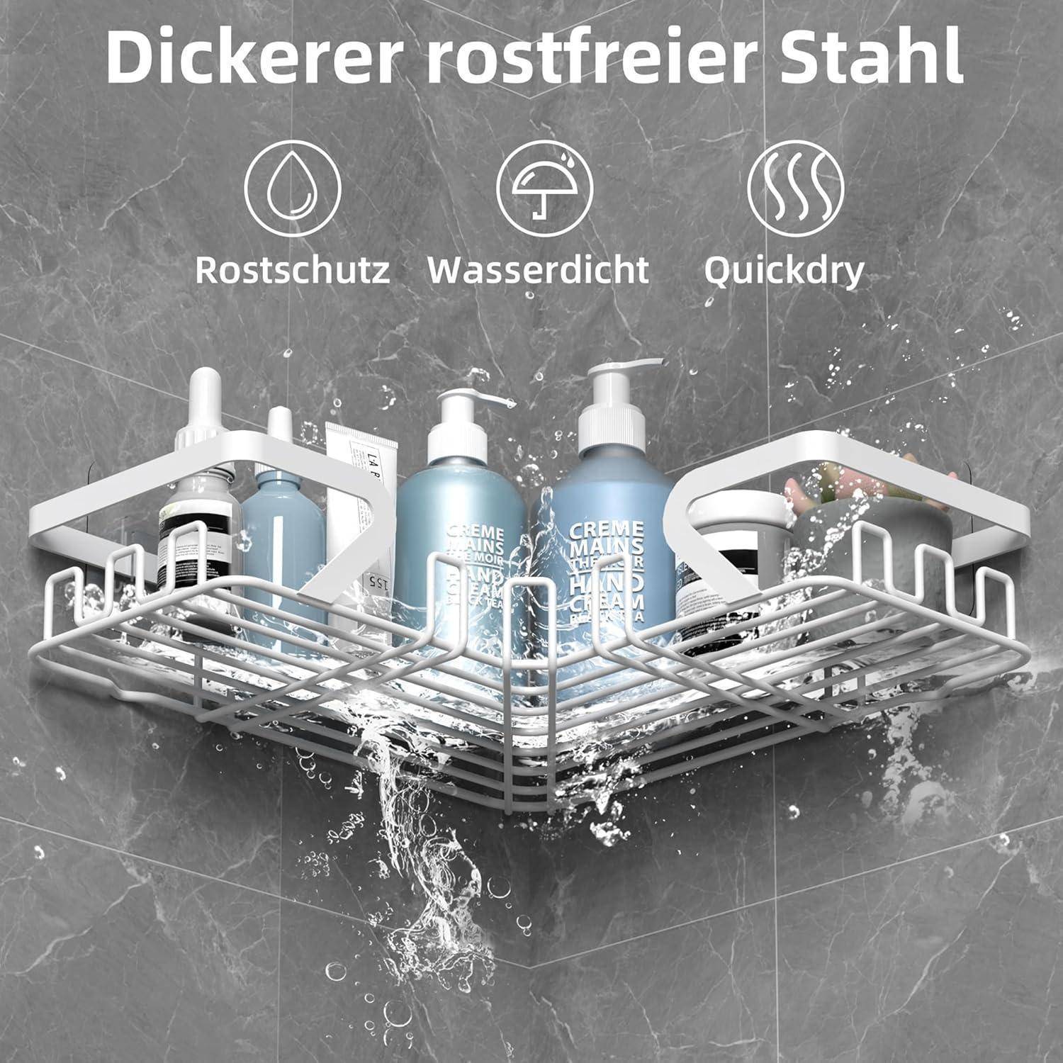 # Eckiges Edelstahl-Duschablage zum Halten von Flaschen, mit deutschem Text, der dickeres rostfreies Stahl, Rostschutz, Wasserdichtheit und Schnelltrocknungsfunktionen bewirbt.