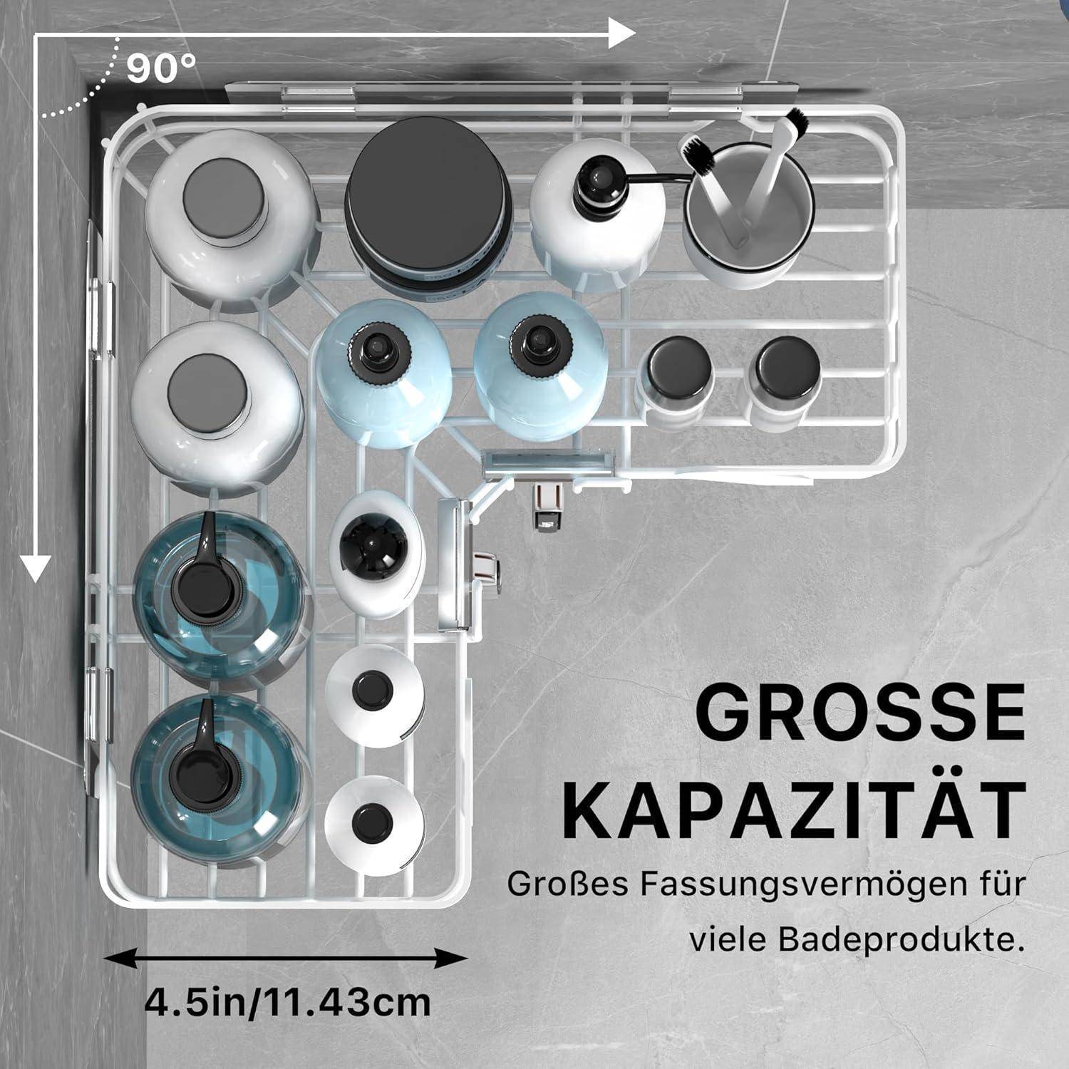 Eckige Duschablage mit mehreren Flaschen und Rasierern, beschriftet mit „GROSSE KAPAZITÄT