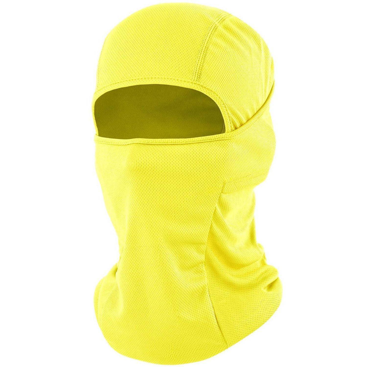 Leuchtend gelbe Sturmhaube mit Augenlöchern und vollständiger Kopf- und Nackenbedeckung auf weißem Hintergrund.