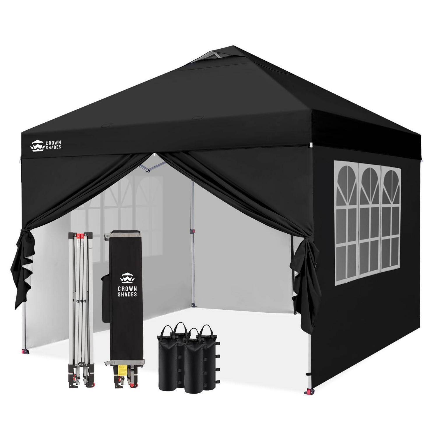 Schwarzes Pop-up-Pavillon-Zelt mit Seitenwand und Fensterplatte, dargestellt mit Tragetaschen und zusammengeklappten Rahmenelementen.