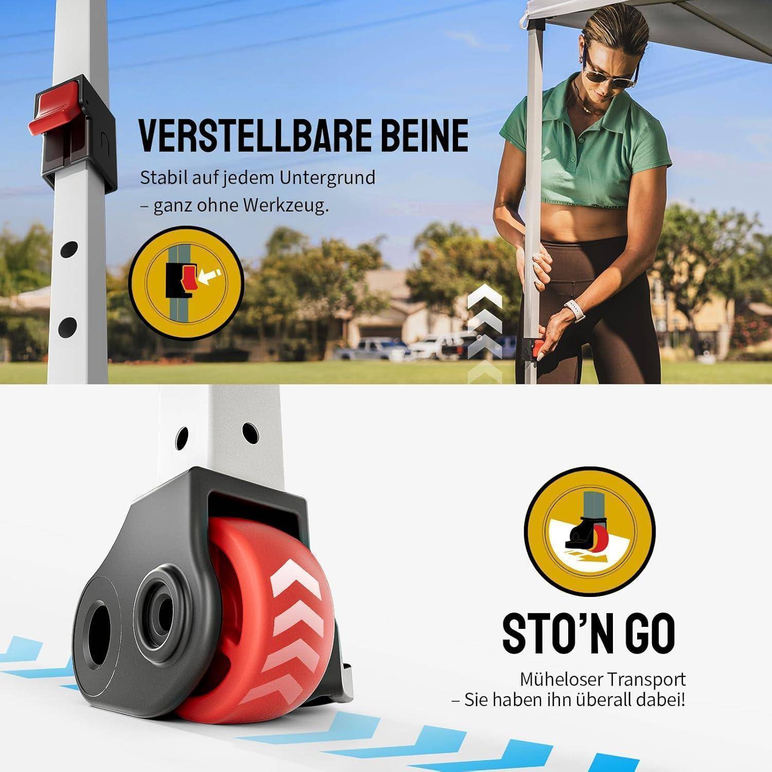 Werbung für verstellbare Beine und fahrbares Gestell: Eine Frau baut einen Stand auf, mit Nahaufnahme eines roten Sperrrades und dem Text „VERSTELLBARE BEINE" und „STO'N GO"".