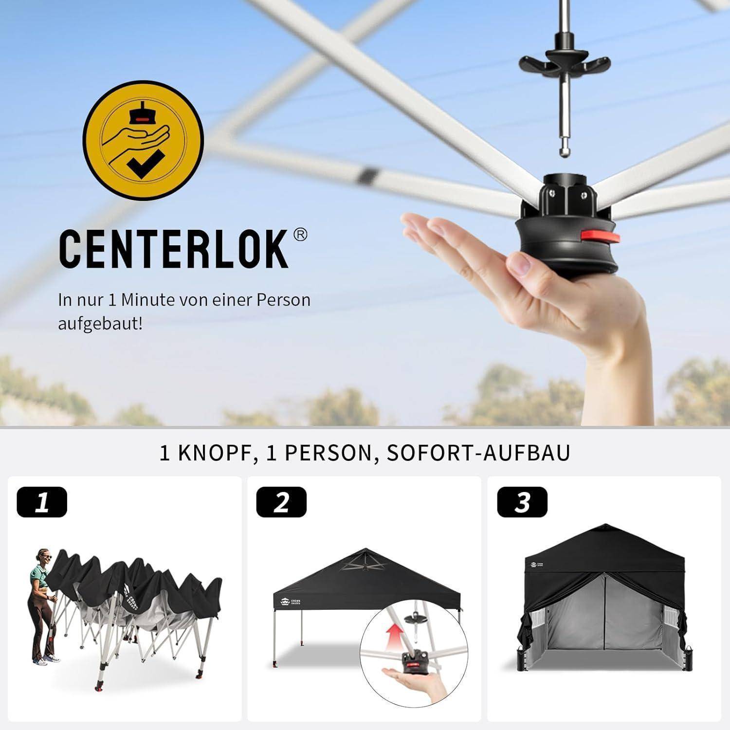 Werbeanzeige für CENTERLOK, die einen Vordachrahmen zeigt, den eine Person in 1 Minute mit einer Schaltfläche aufbauen kann; Schrittbilder zeigen das Ausklappen, Hochheben und ein fertiges Zelt.