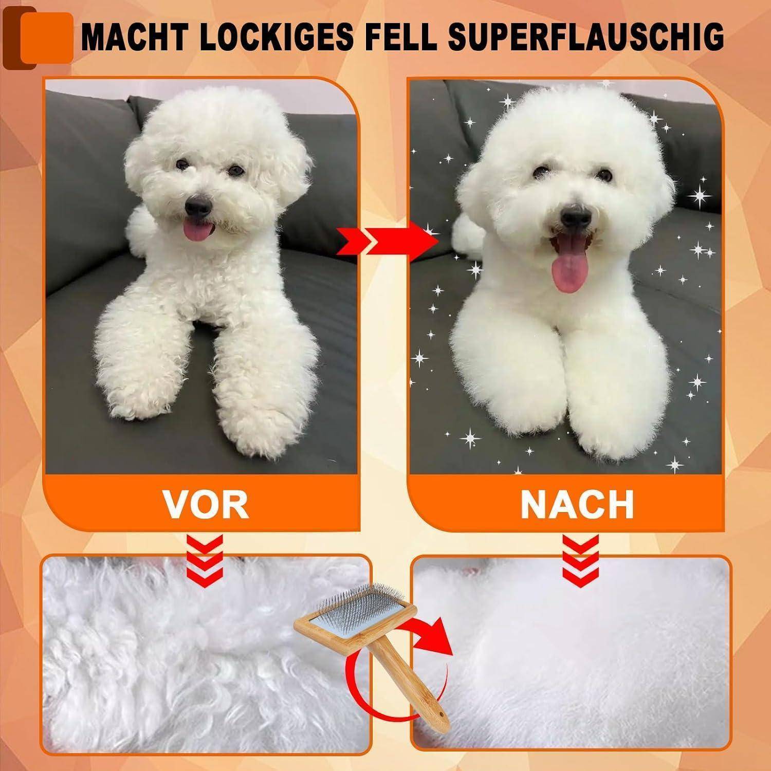 Deutsches Pflege-Angebot mit einem flauschigen weißen Hund, der von „VOR
