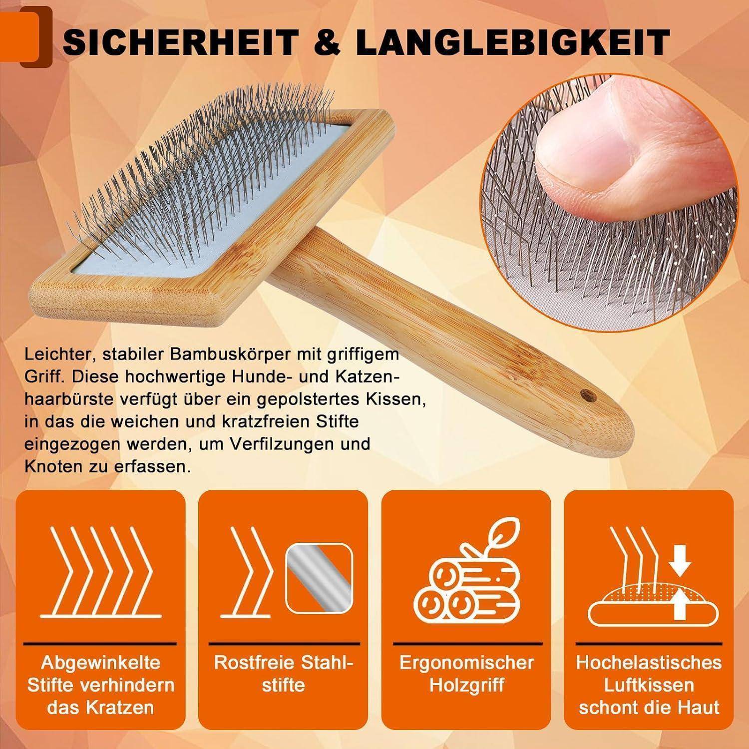 Deutsches Produktgrafik einer Bambustierbürste mit angewinkelten Edelstahlborsten, vergrößerte Borsten-Nahaufnahme und Symbole, die rostfreie Stifte, ergonomischen Holzgriff und Luftkissen für sanfte Fellpflege hervorheben.