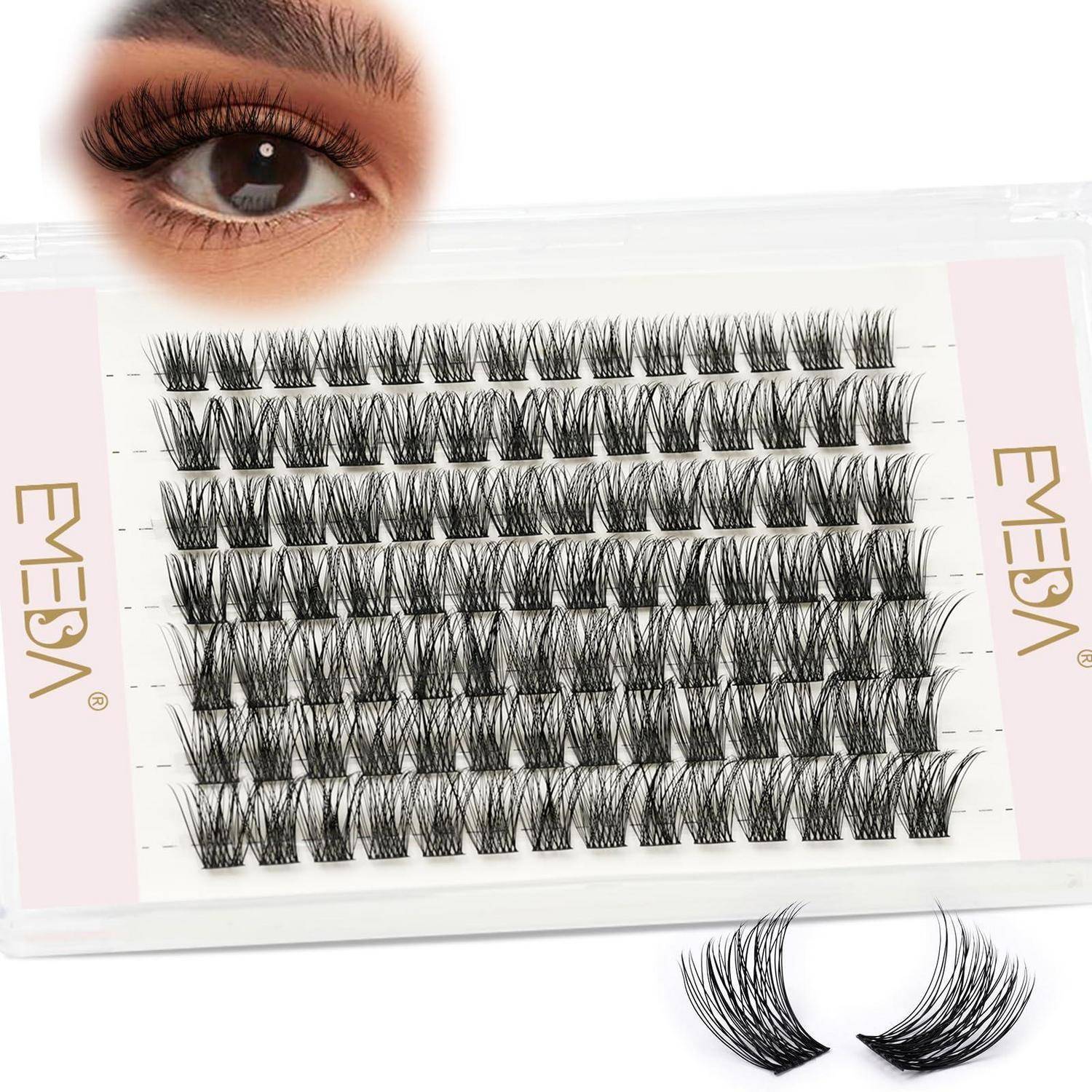 Satz falscher Wimpern mit mehreren Wimpernstilen, die in Reihen angeordnet sind, und ein Augenbeispiel, das den angewendeten Effekt zeigt.