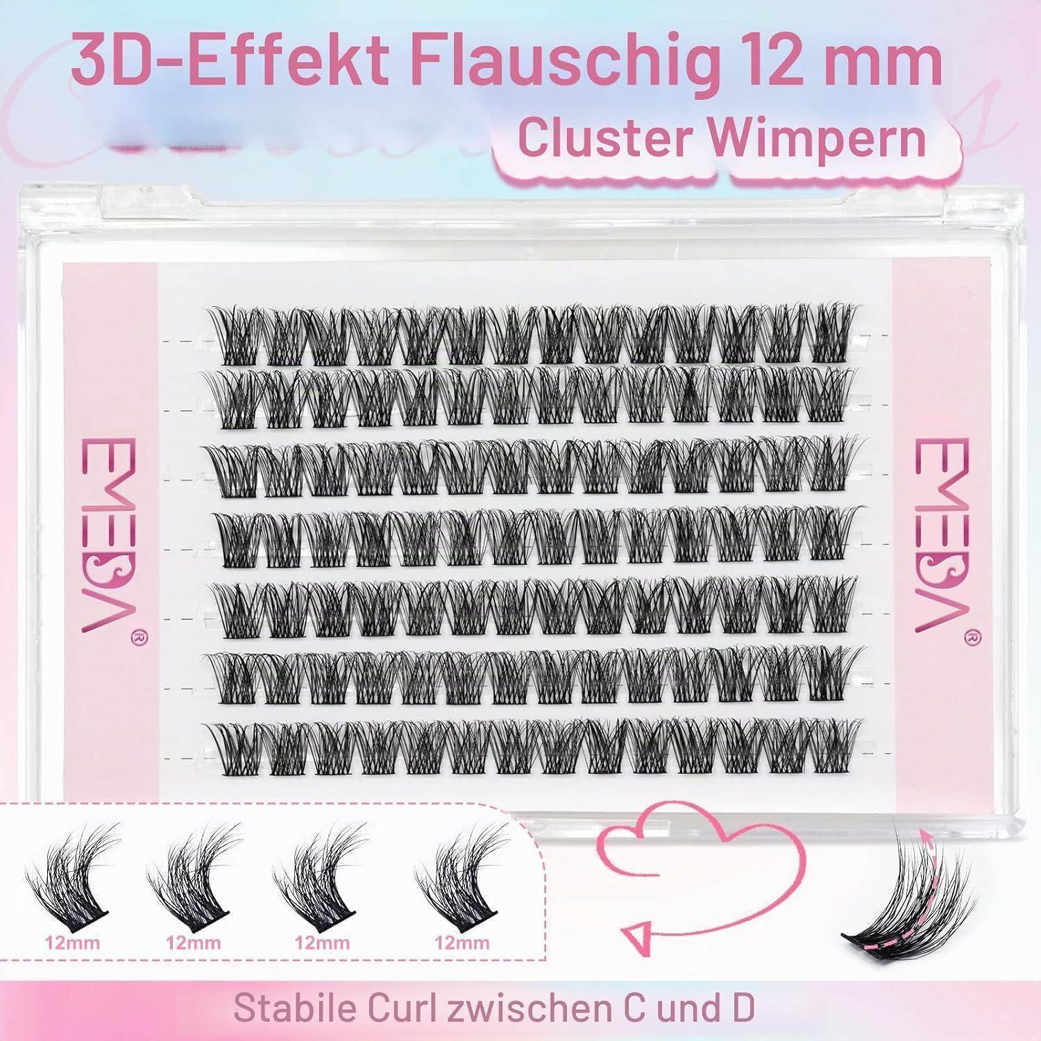 Produktpaket für EYESA 3D-Effekt flauschige 12-mm-Cluster-Wimpernverlängerungen, zeigt Wimpernstreifen und Text „Stabile Curl zwischen C und D